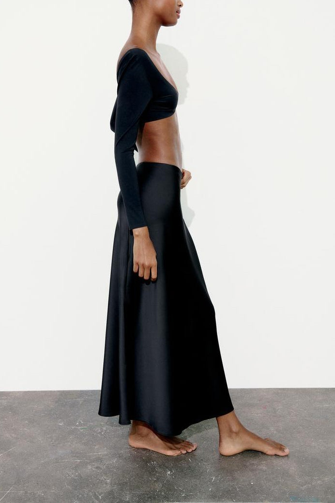 Satin High-Waist Straight Midi Skirt