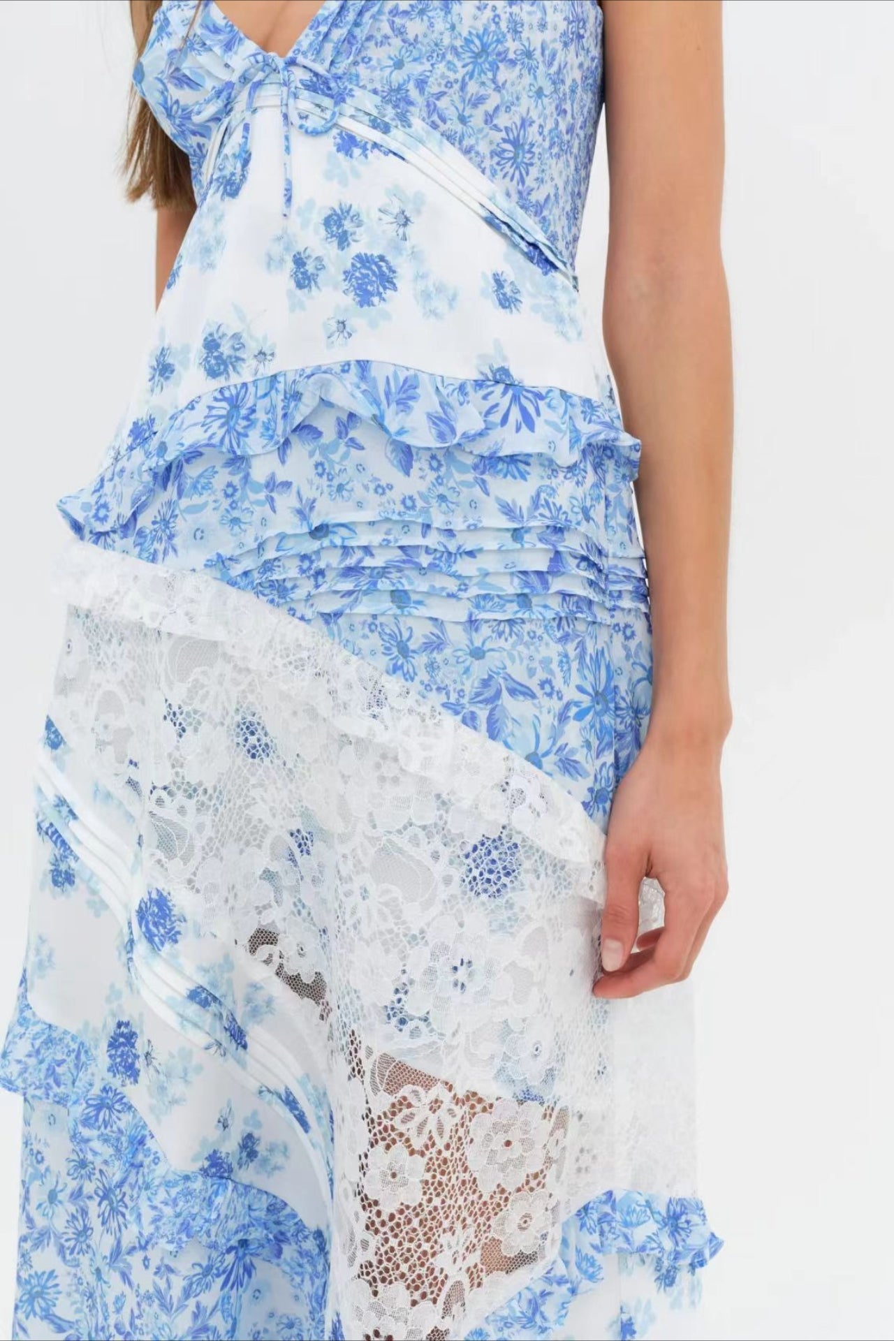 Floral Lace-Patchwork Ruffle Cami Maxi Dress