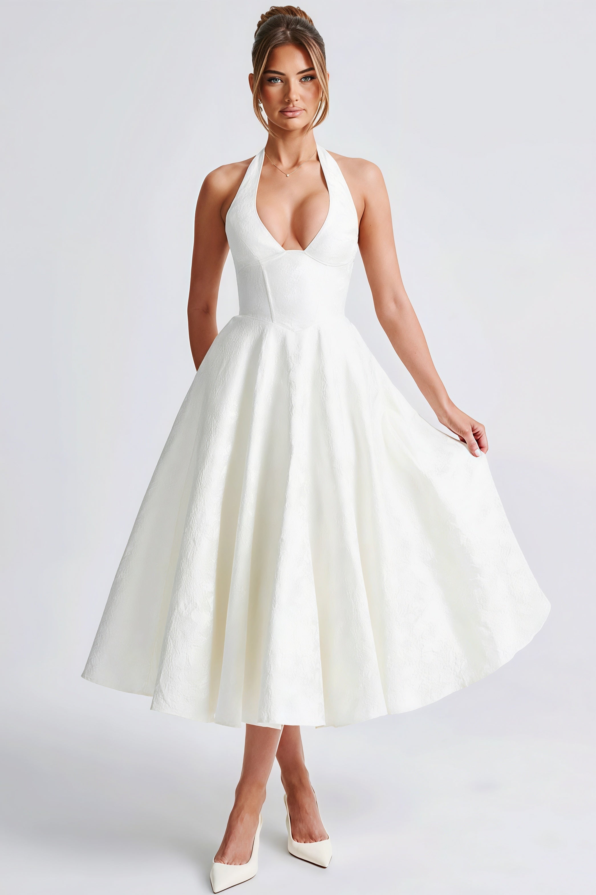 Jacquard Halter Backless Midi Dress