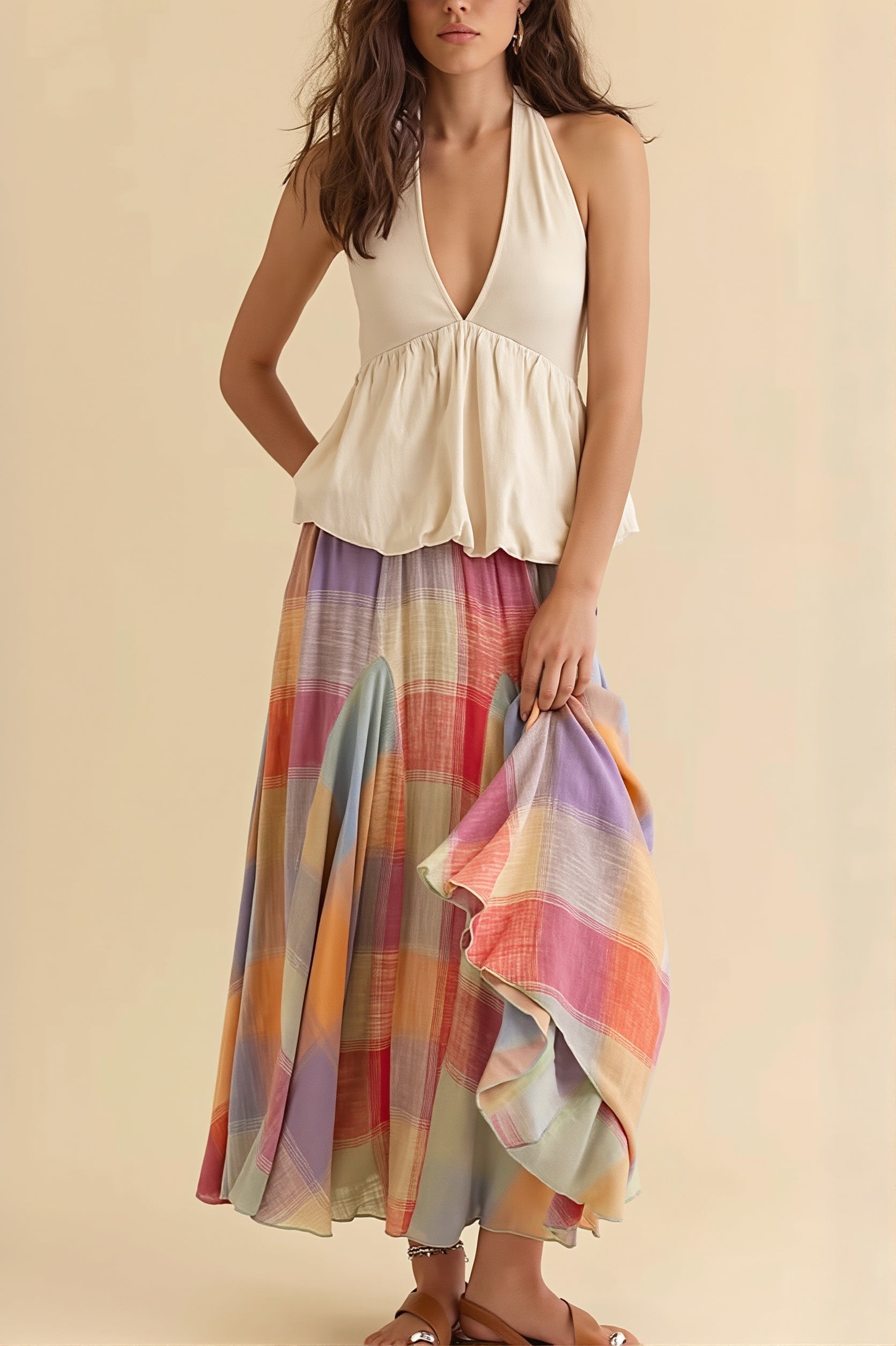 Plaid Flared Maxi Skirt