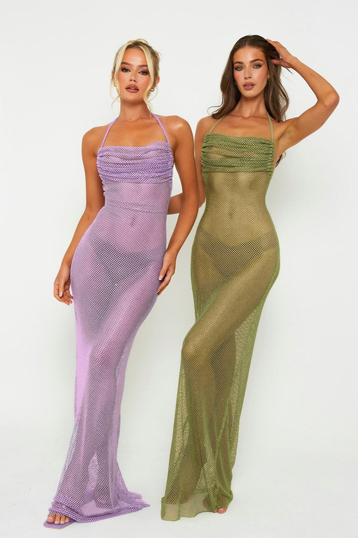 Halter Ruched Cutout-Back Bodycon Maxi Dress