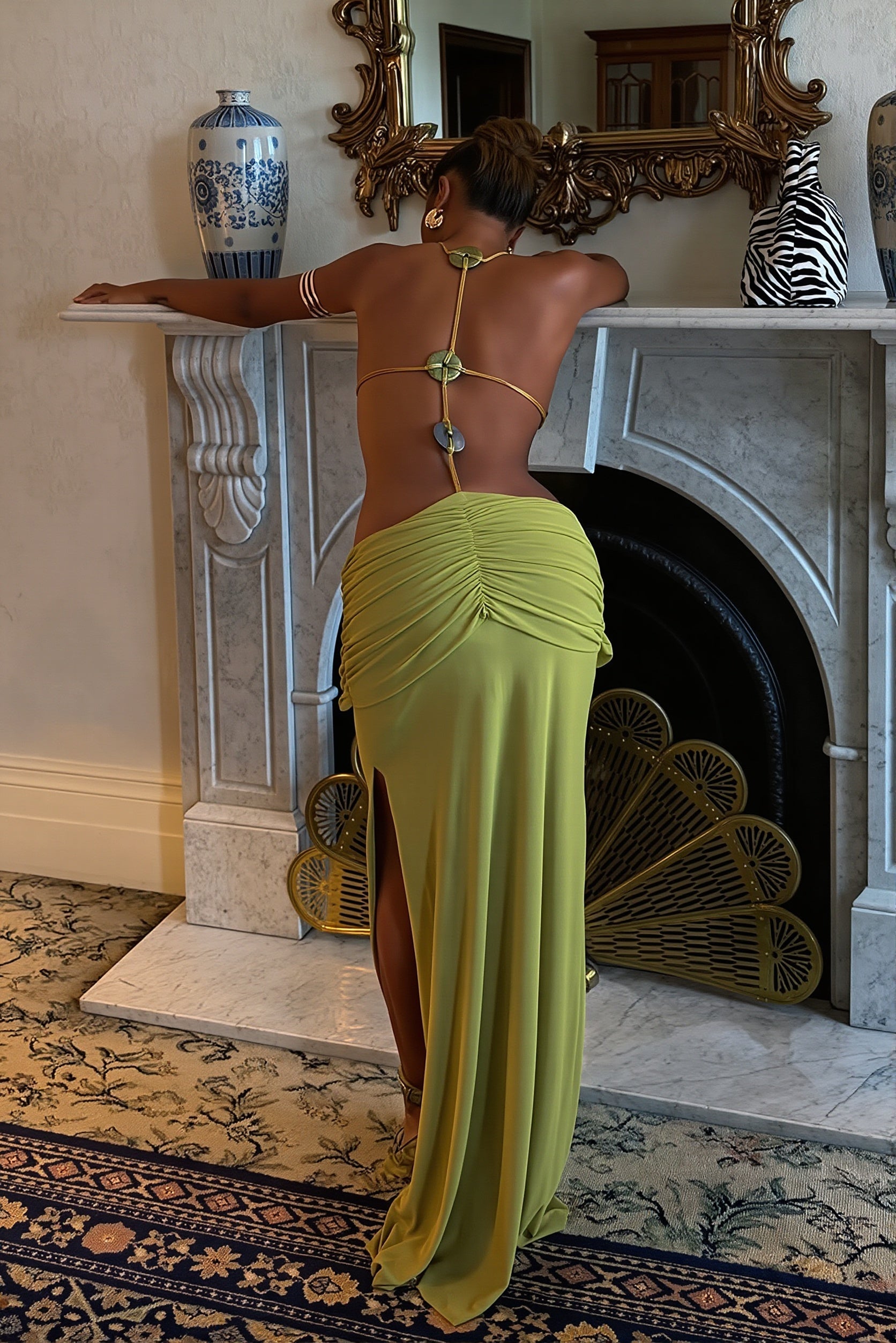 Halter Beaded Ruffle Maxi Dress