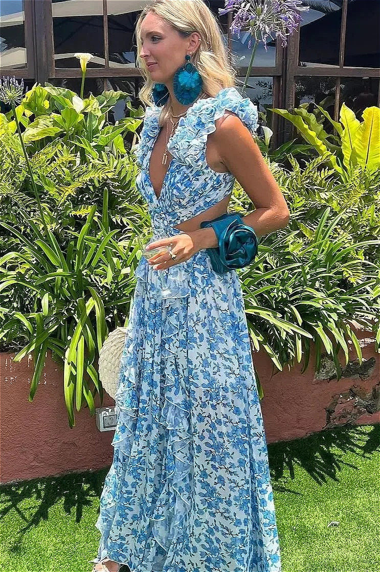 Floral Ruffle-Trim Deep-V Dress