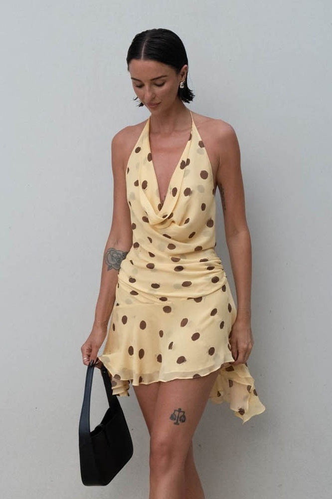 Polka Dot Chiffon Halter Deep-V Mini Dress
