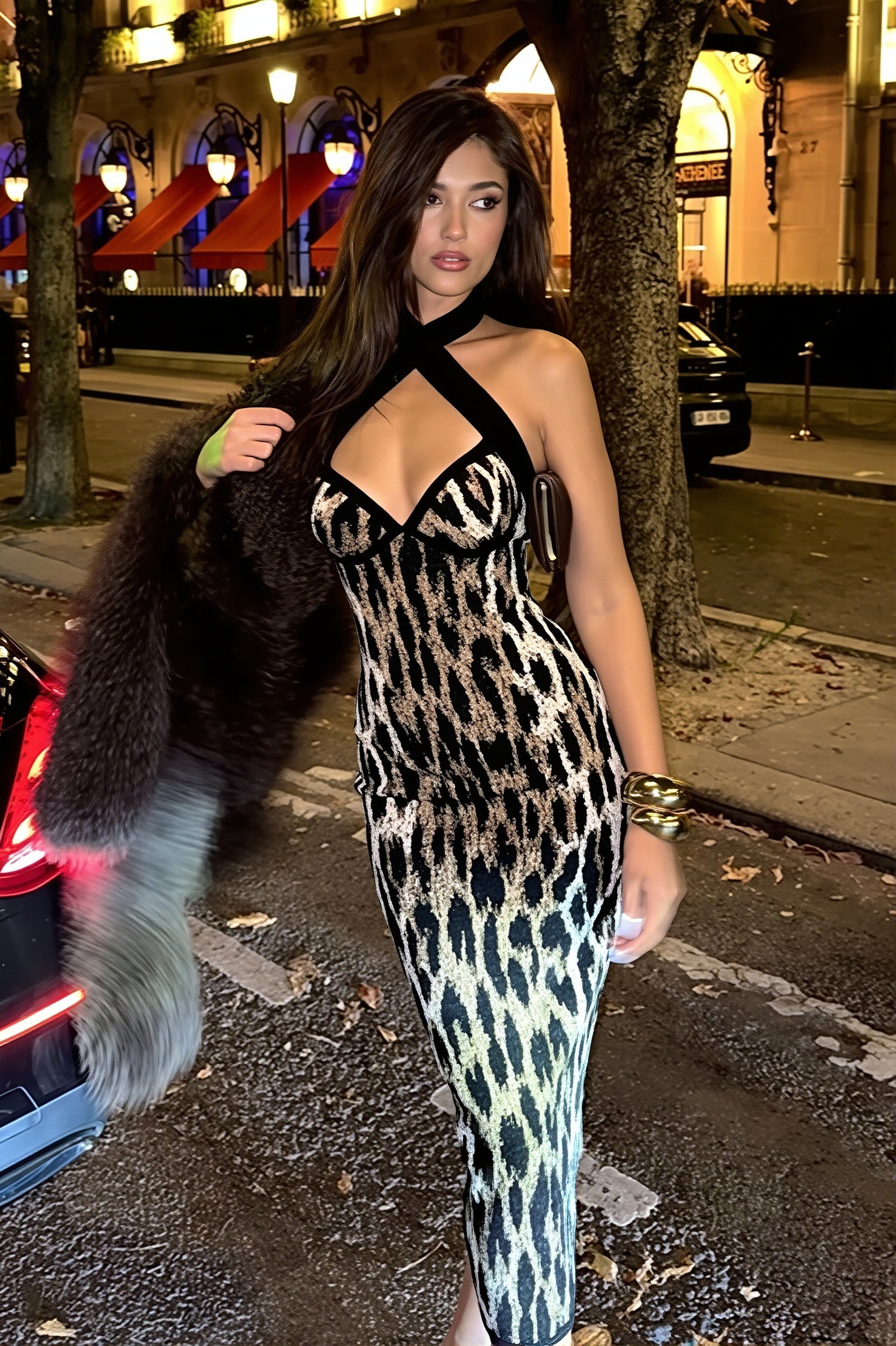 Leopard Halter Split Slim Maxi Dress