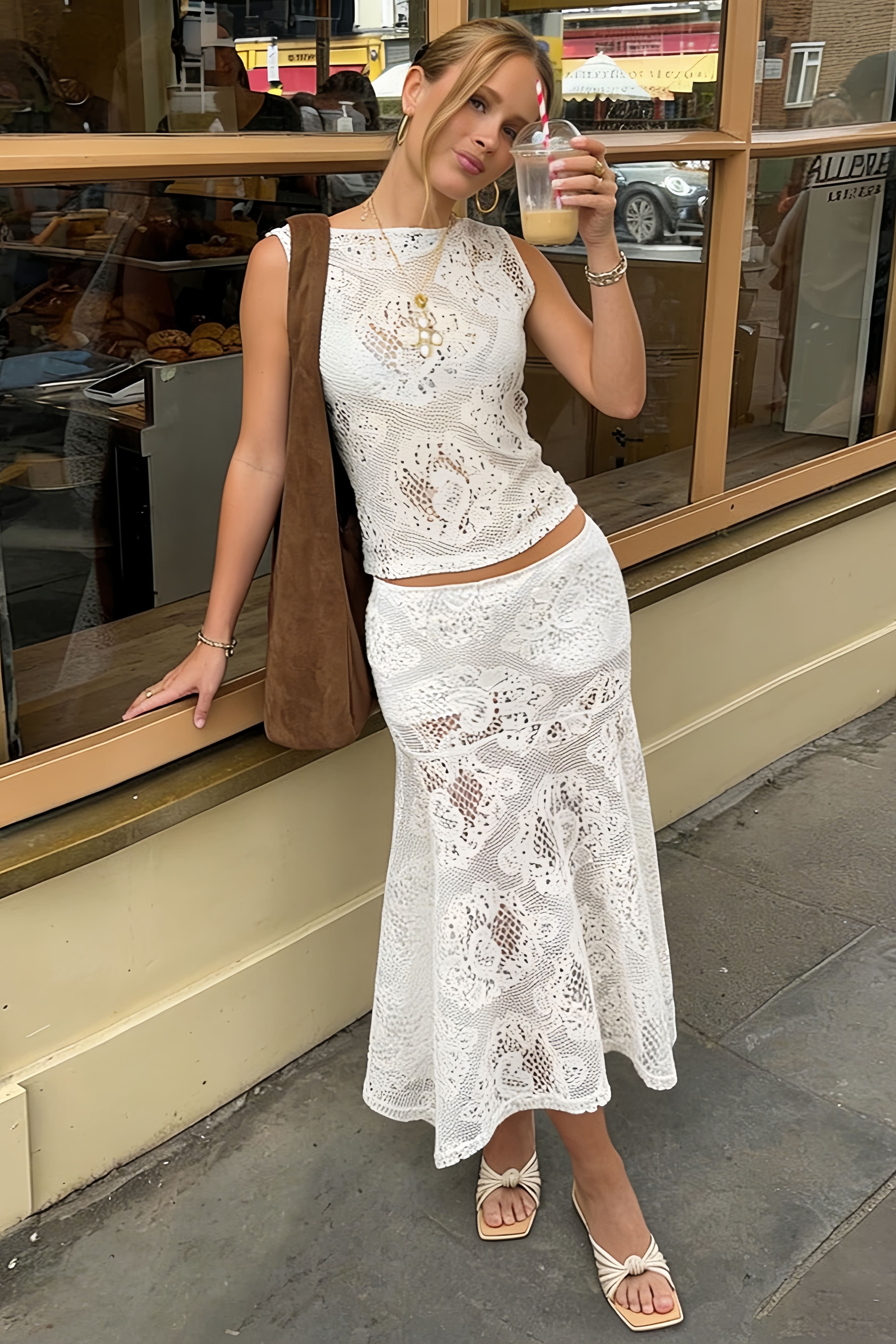 Lace-Splice Cutout A-Line Skirt