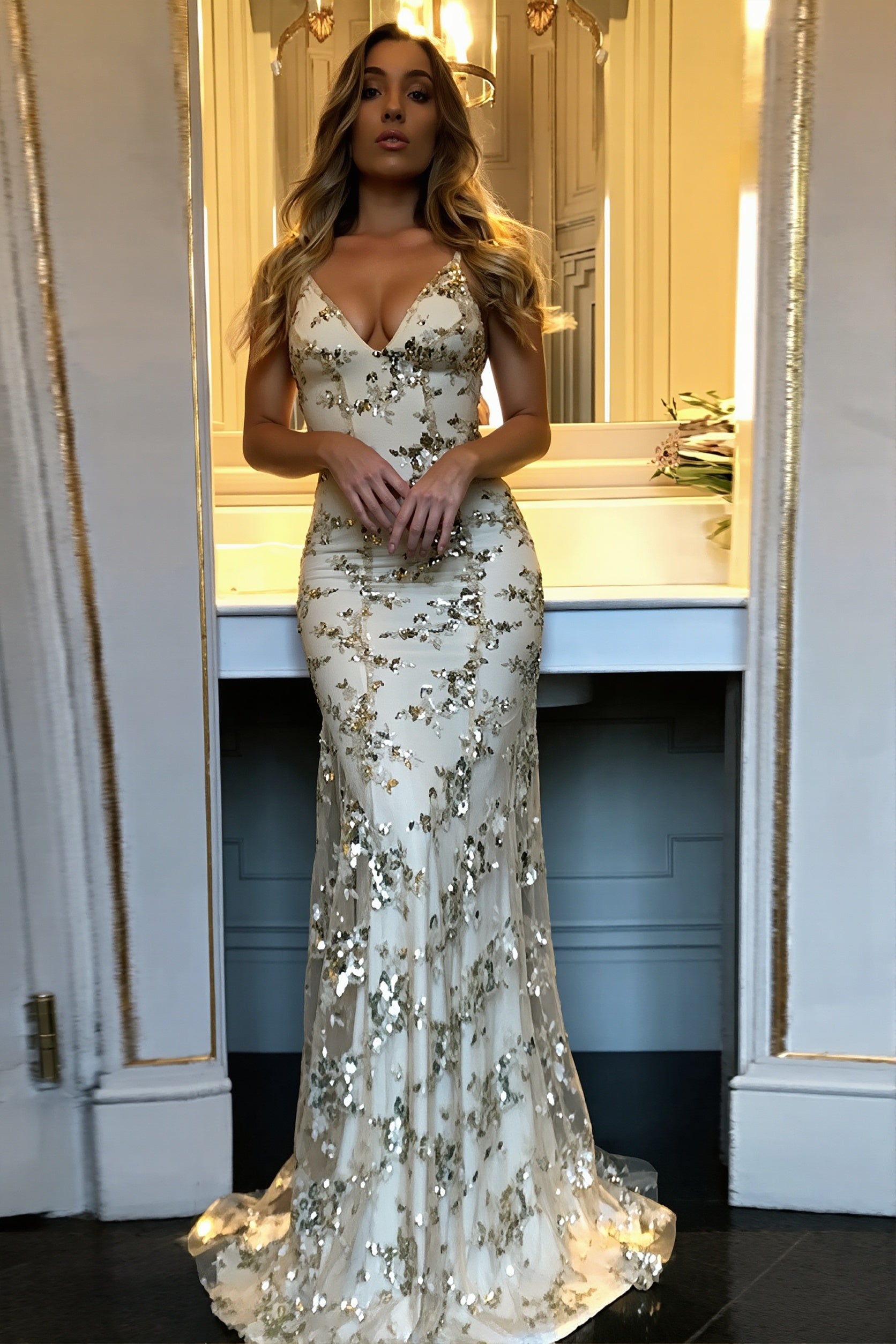 Floral Sequin Backless Maxi Dress