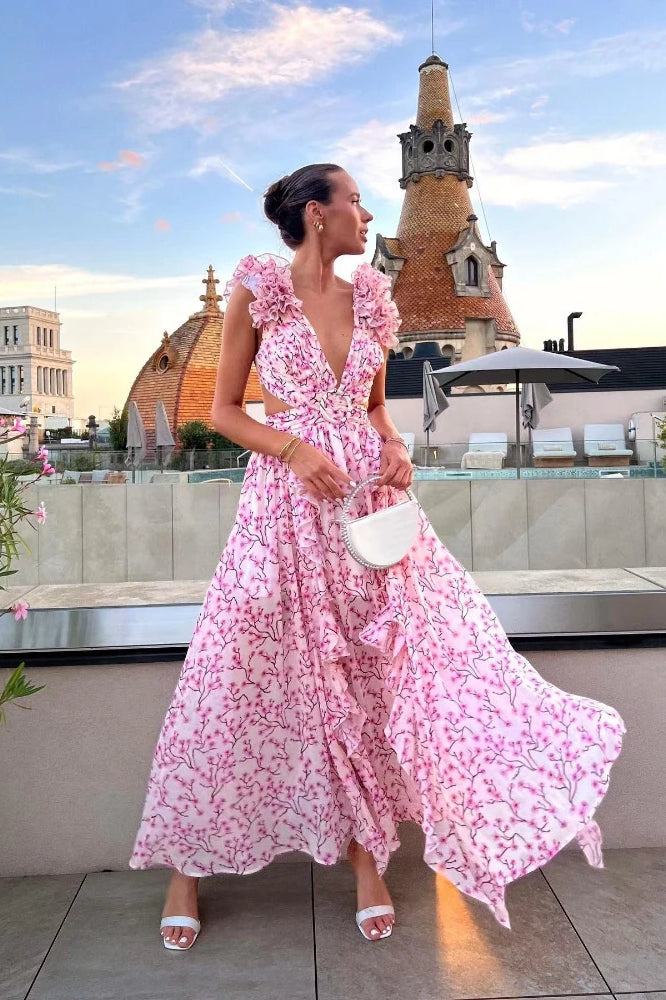Floral Ruffle-Trim Deep-V Dress