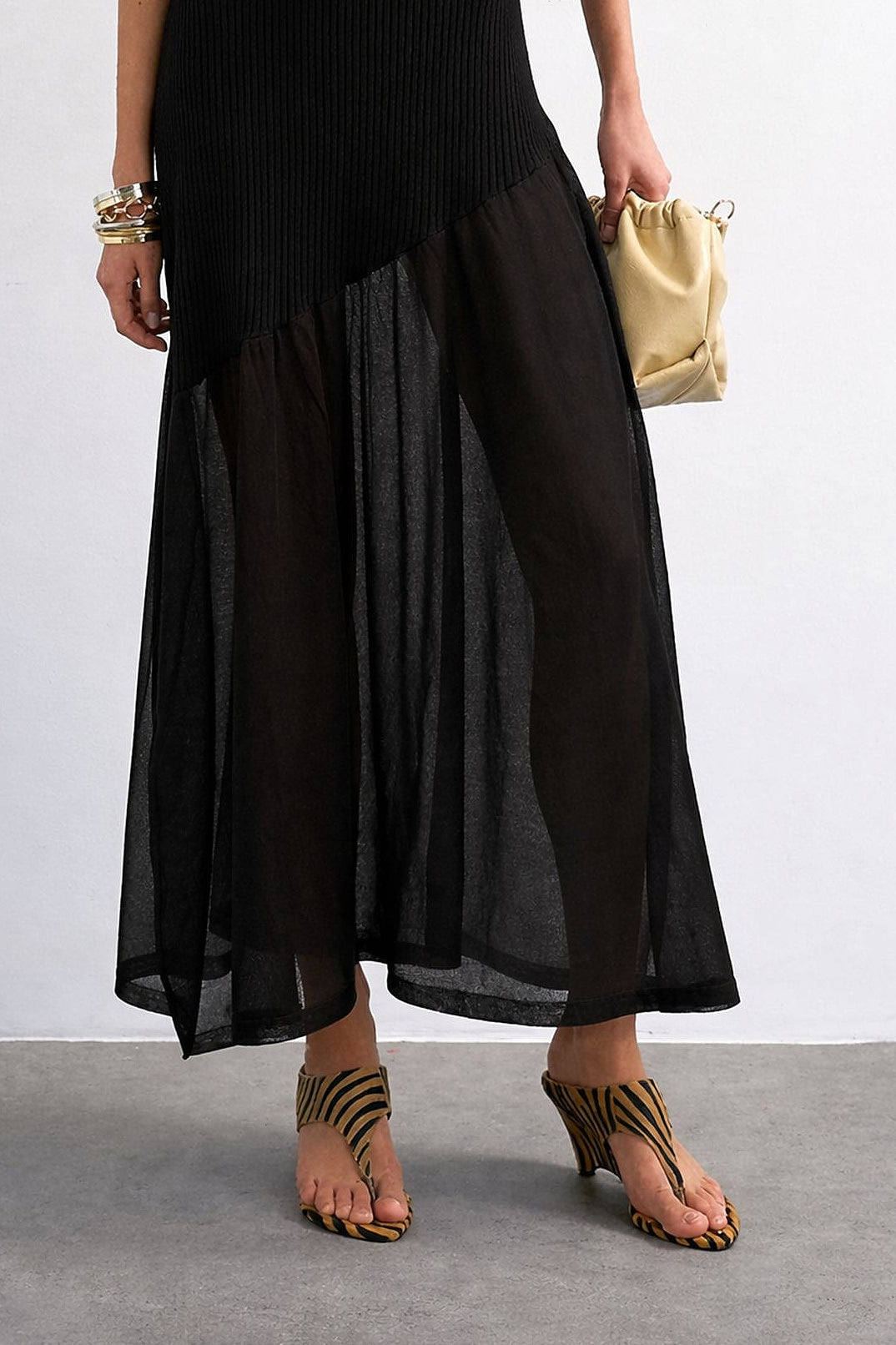 Ribbed-Knit Mesh-Splice Maxi Dress