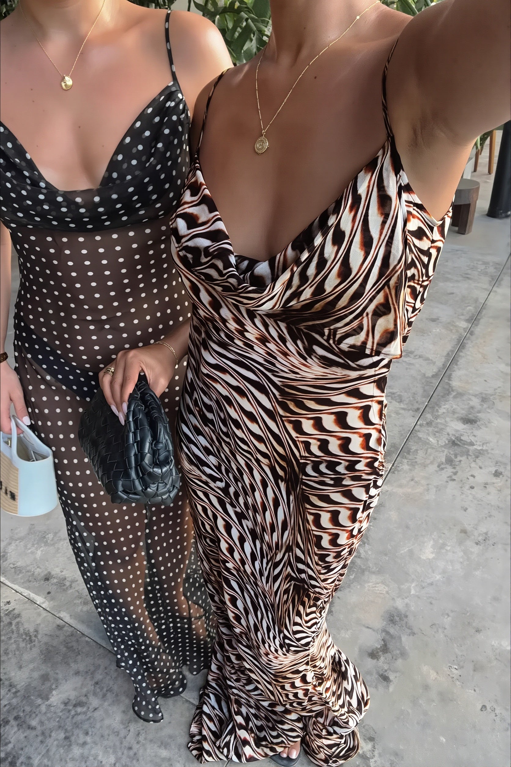 Sheer Mesh Cowl-Neck Slip Maxi Dress