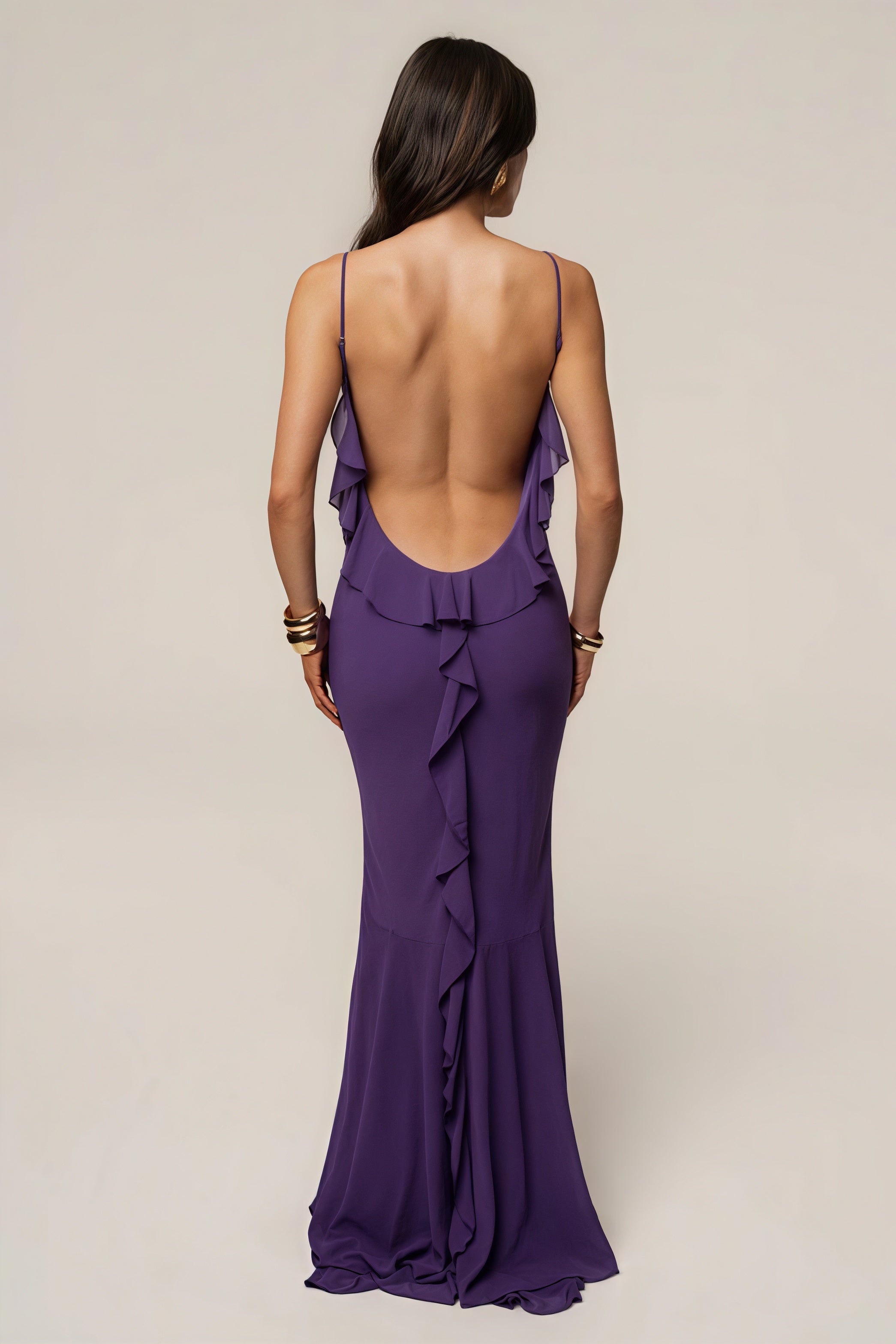 Open-Back Ruffle-Panel Maxi Dress