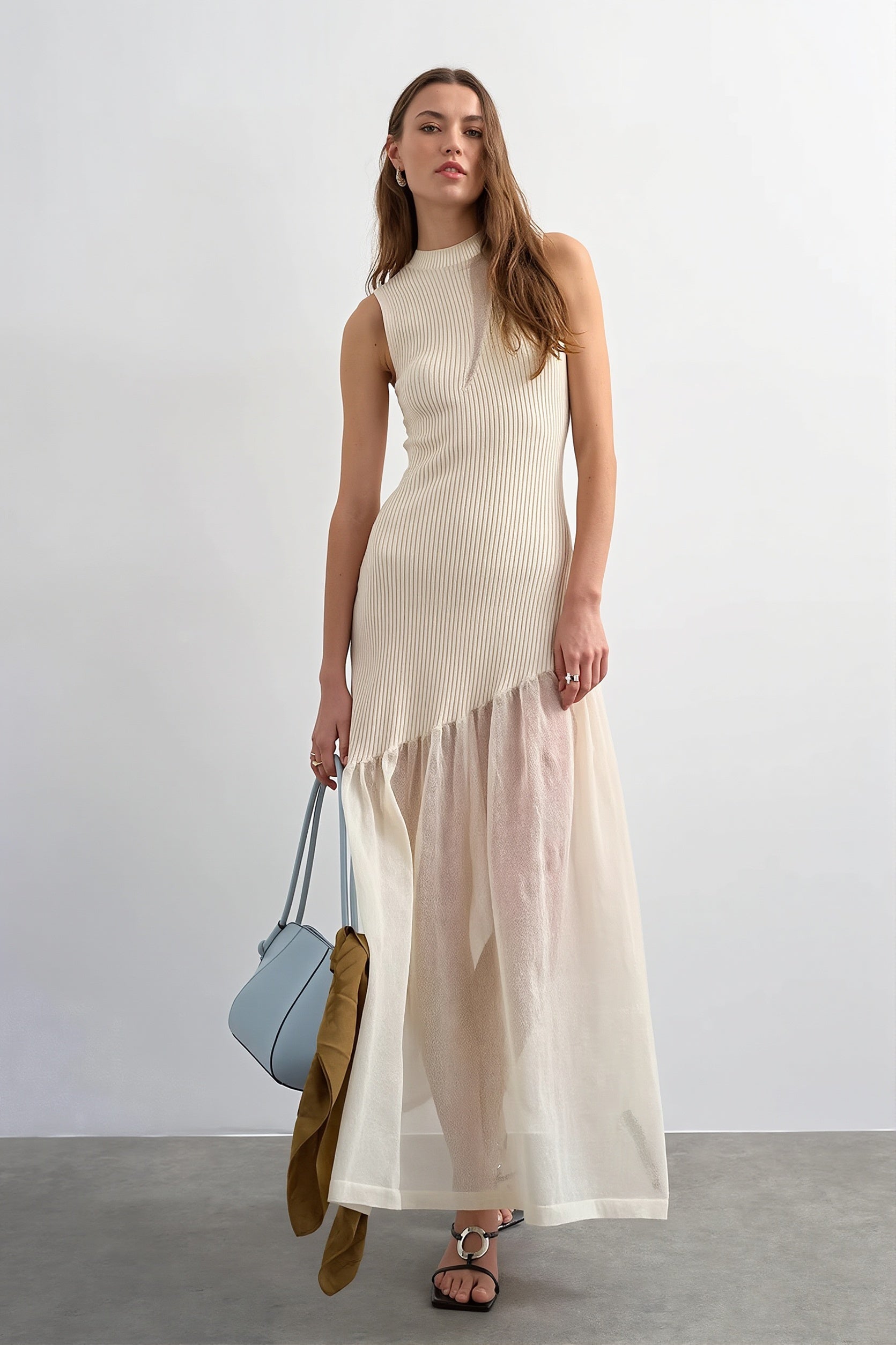 Ribbed-Knit Mesh-Splice Maxi Dress