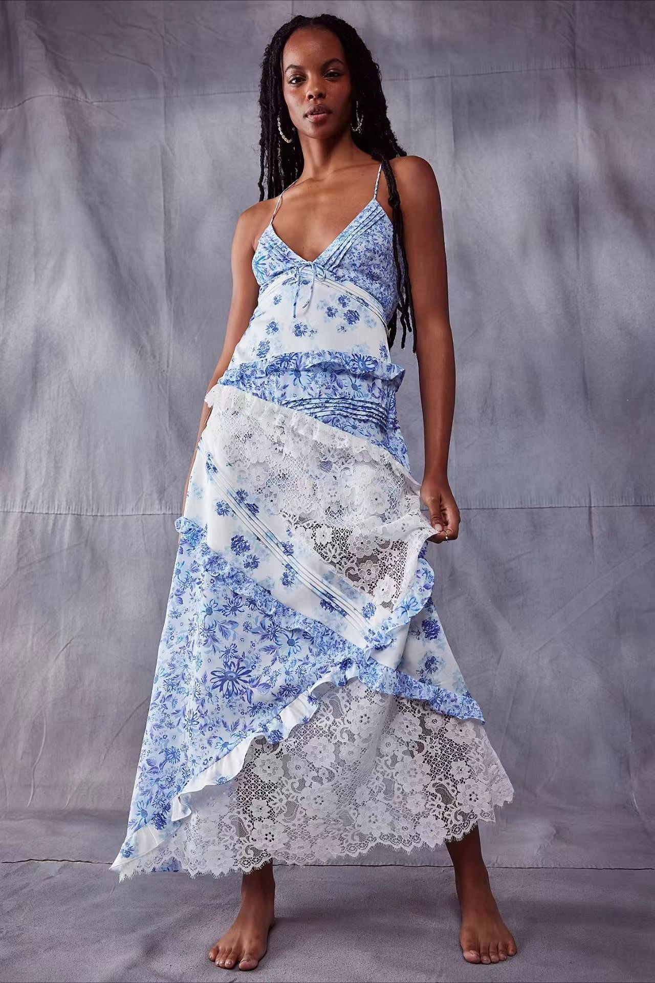 Floral Lace-Patchwork Ruffle Cami Maxi Dress