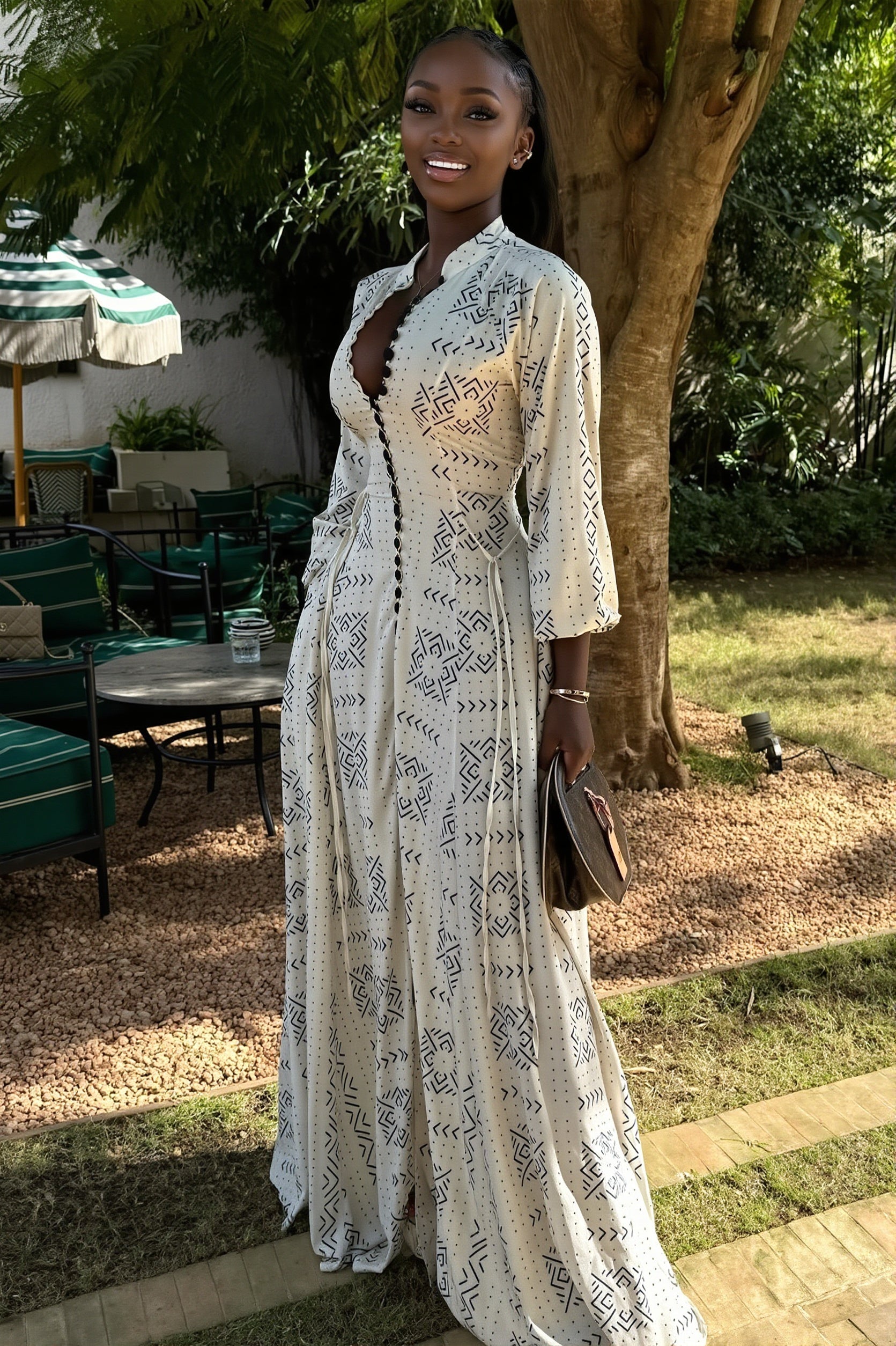 Stand-Collar Button-Front Maxi Dress