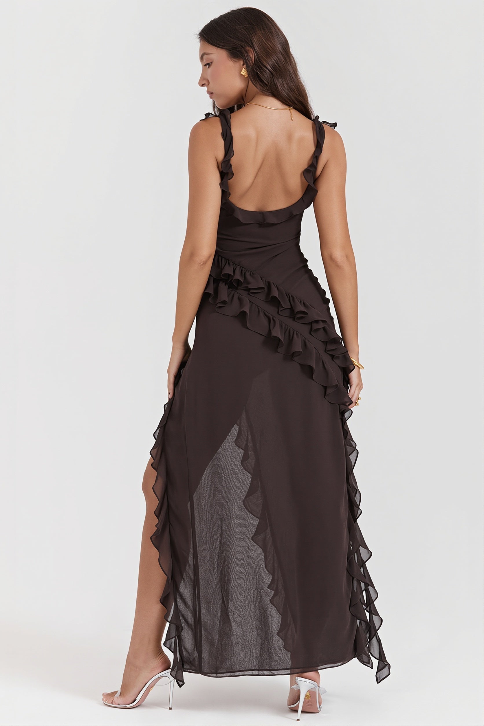 Ribbon Ruffle-Splice Slit Maxi Dress