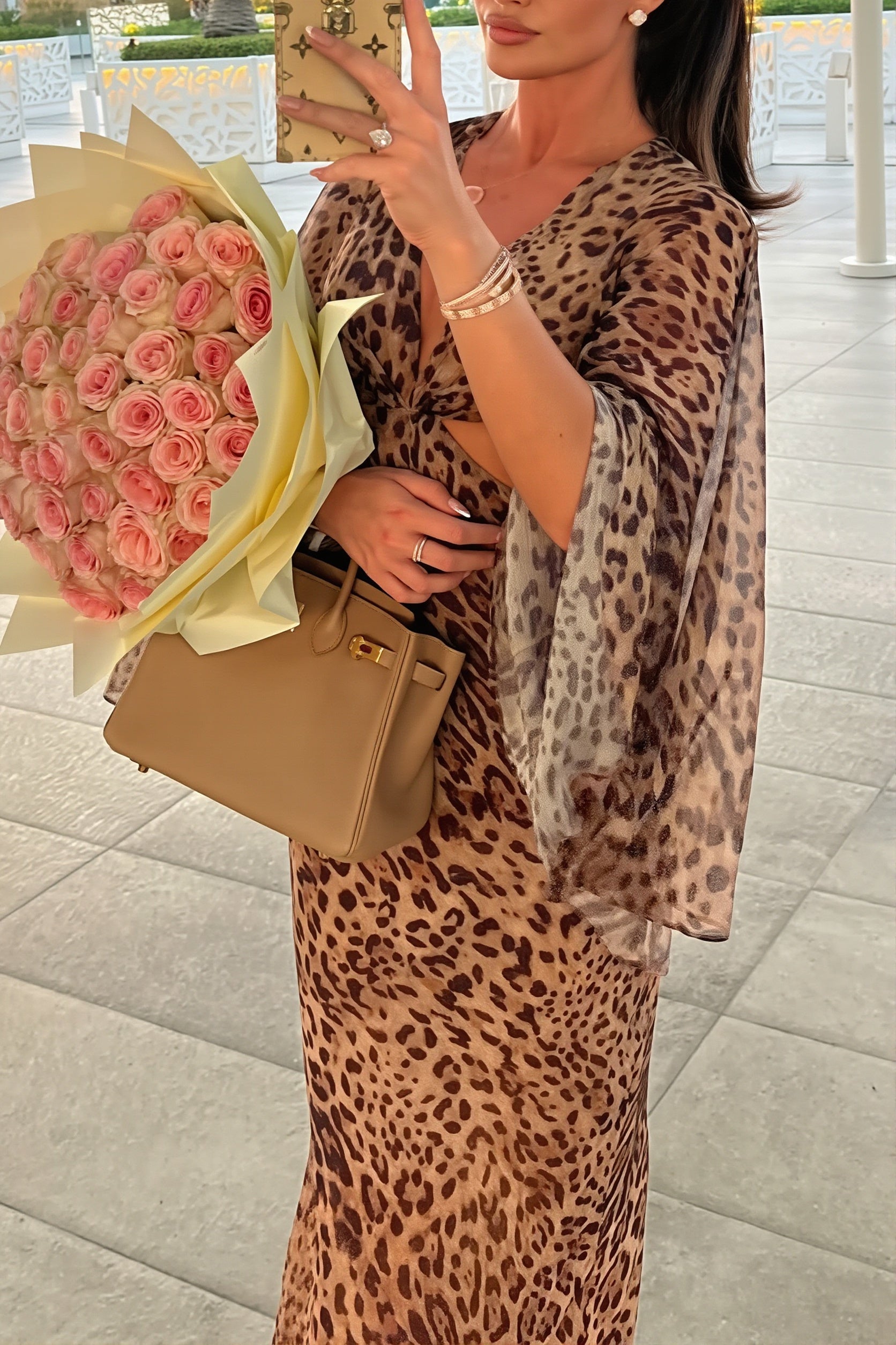 Leopard Cutout Flare Slit Maxi Dress