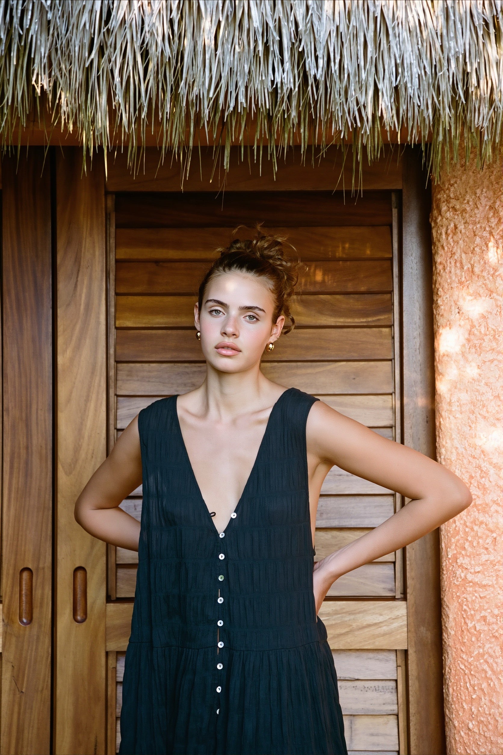 Chiffon V-Neck Button Swing Maxi Dress