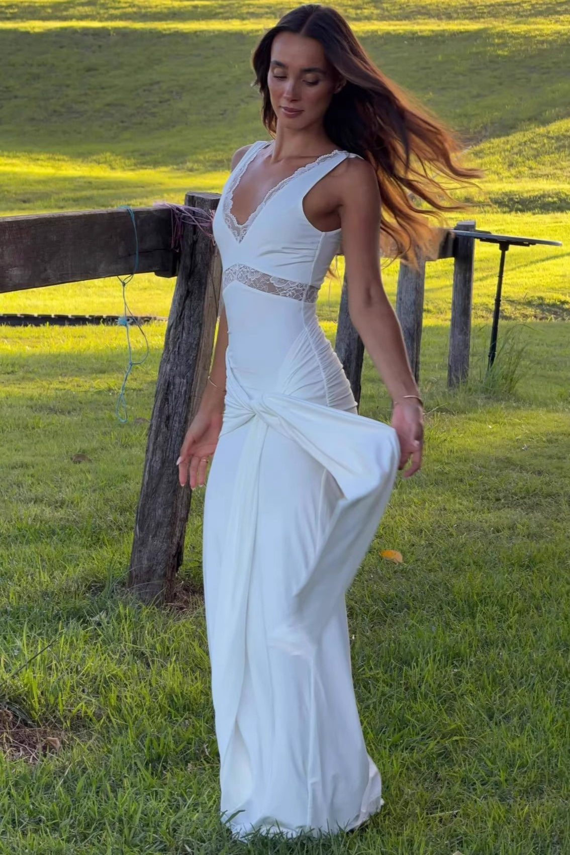 Lace-Panel Tie-Strap Bodycon Maxi Dress