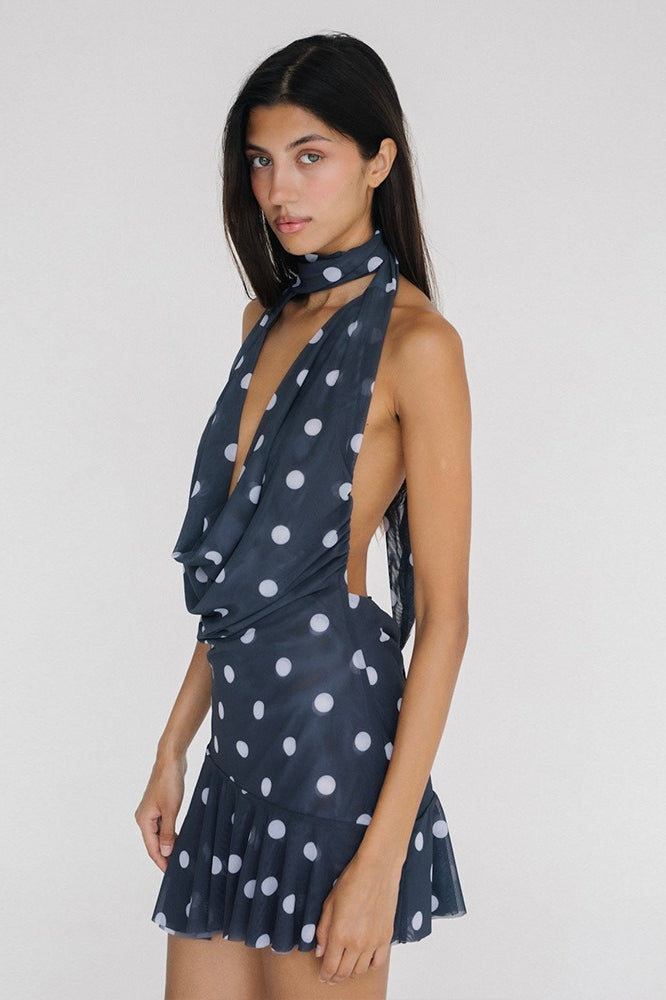 Polka Dot Halter Mesh Backless Mini Dress