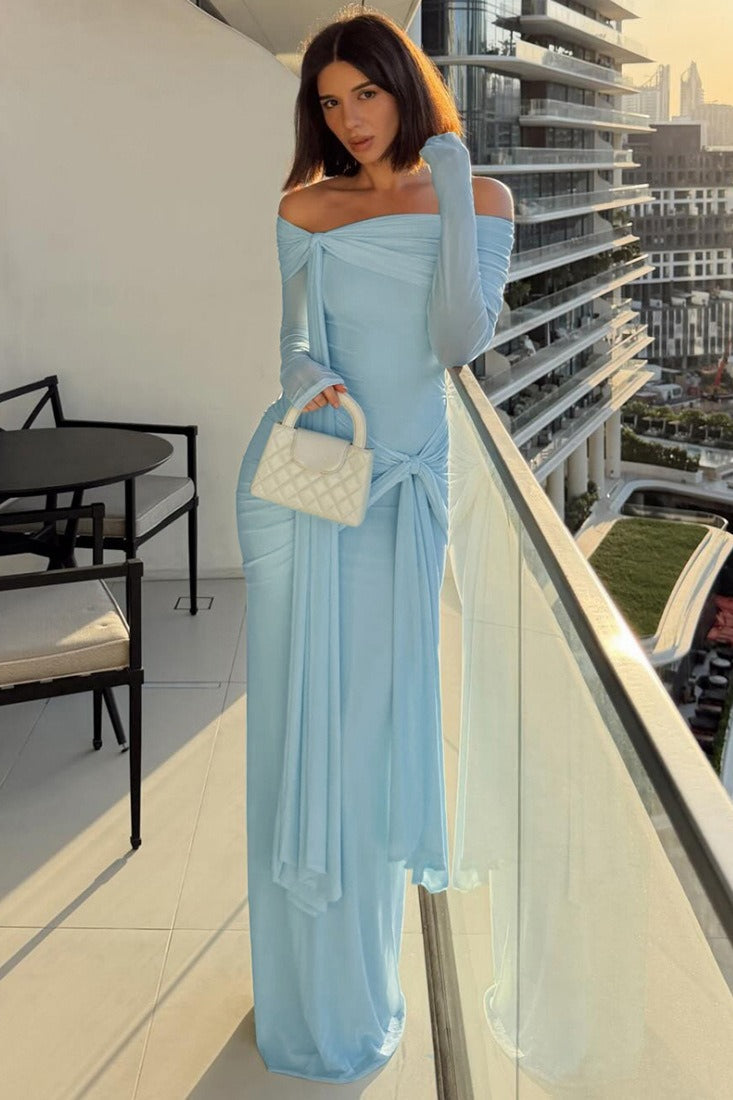 Off-Shoulder Tie Bodycon Maxi Dress
