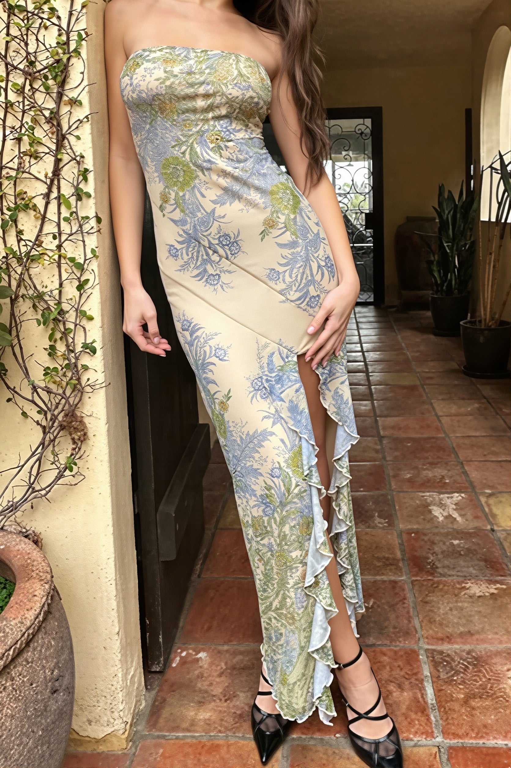 Mesh-Print Split Bodycon Maxi Dress