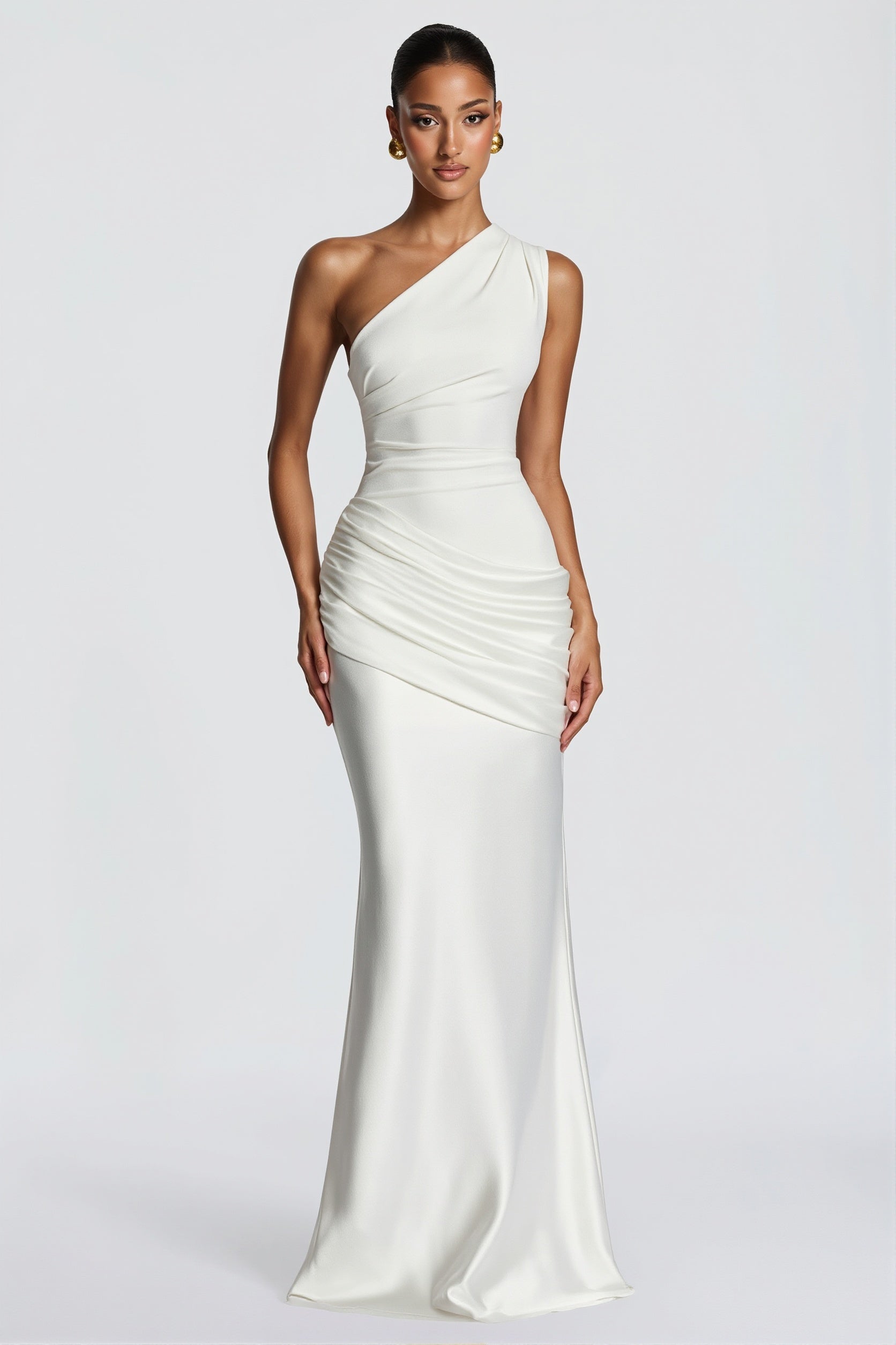 Satin-Splice Ruched Slim Maxi Dress