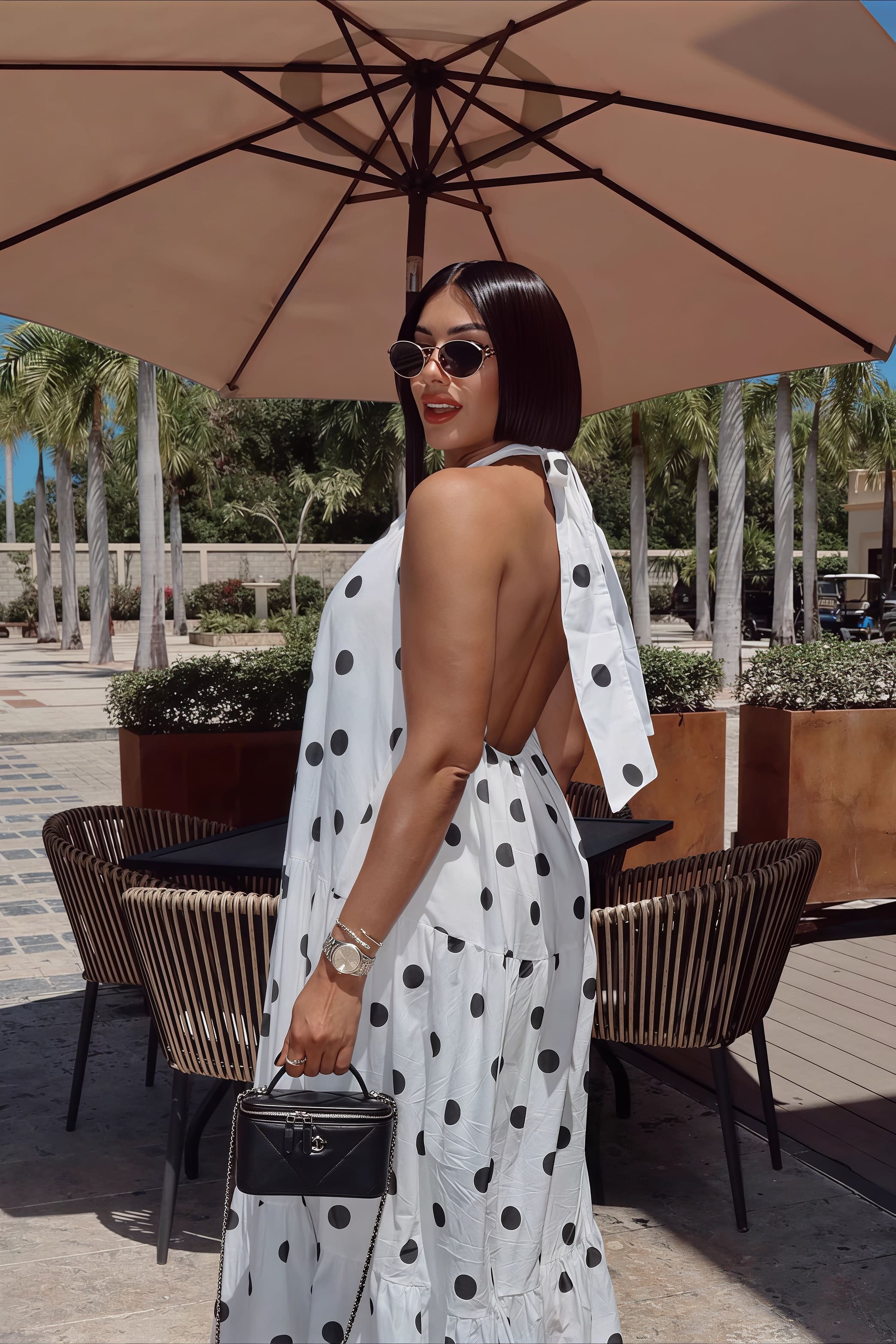 Polka Dot Patchwork Halter Swing Maxi Dress