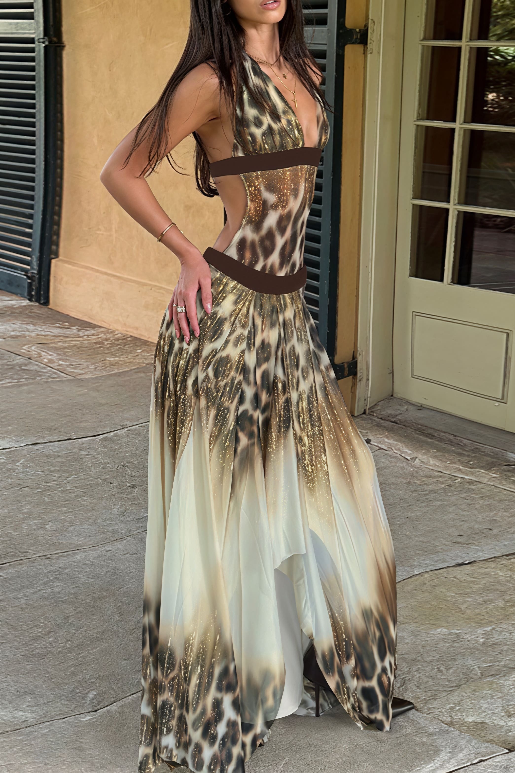 Deep-V Leopard Flared-Hem Maxi Dress