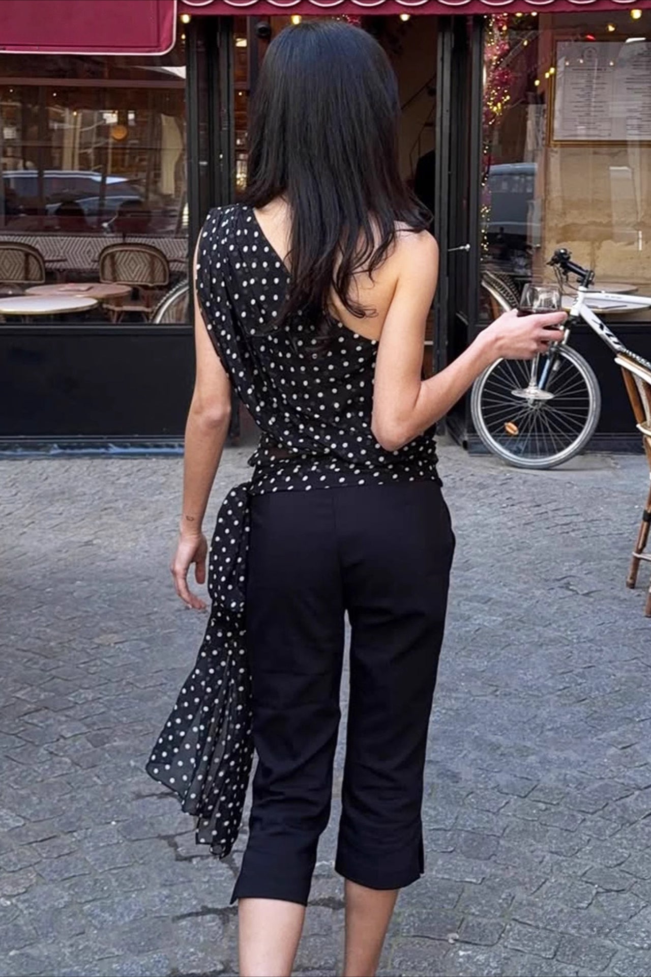 Polka Dot Mesh Asymmetric Halter Top