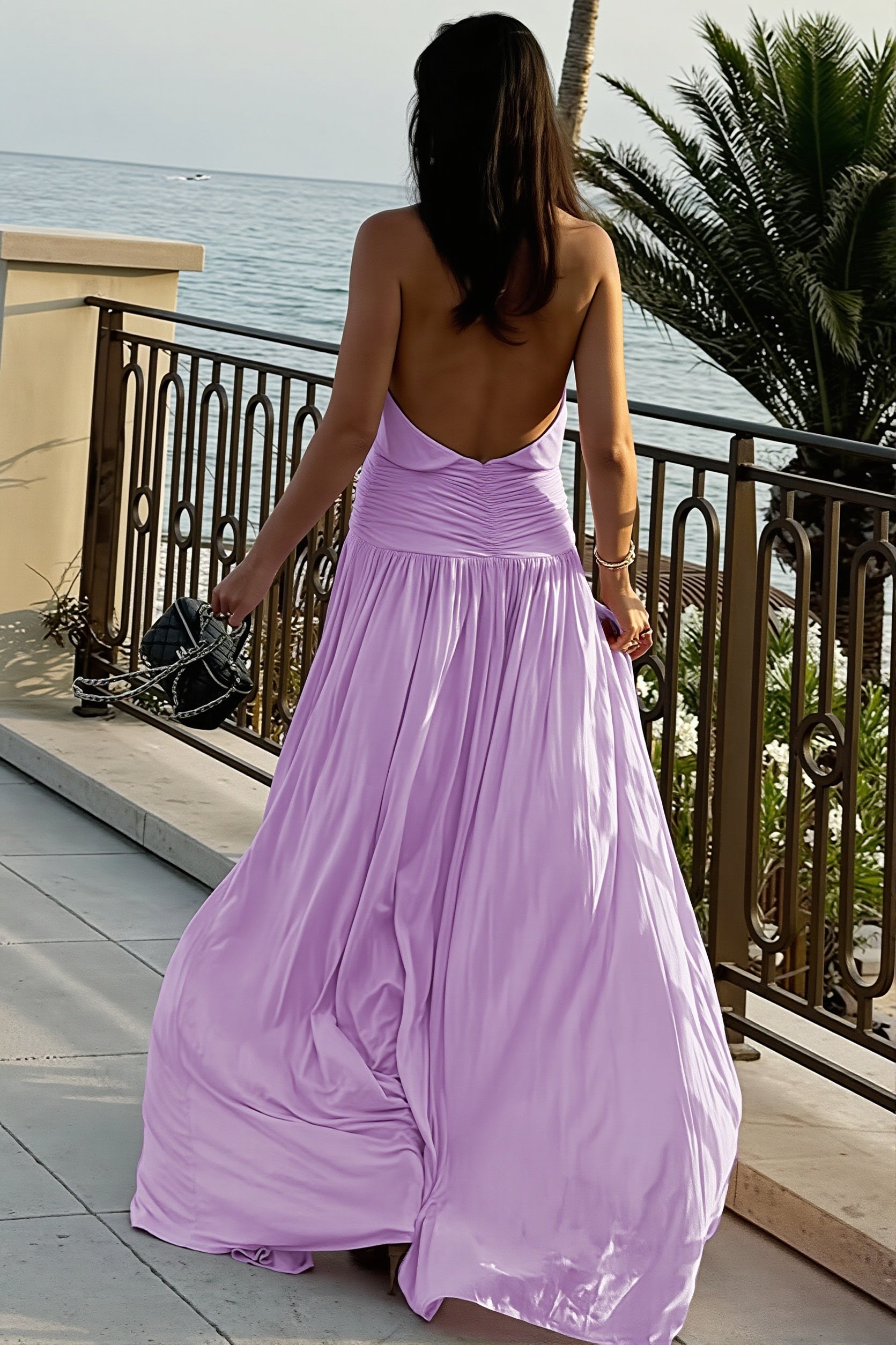Ruched Halter Backless Side-Slit Maxi Dress