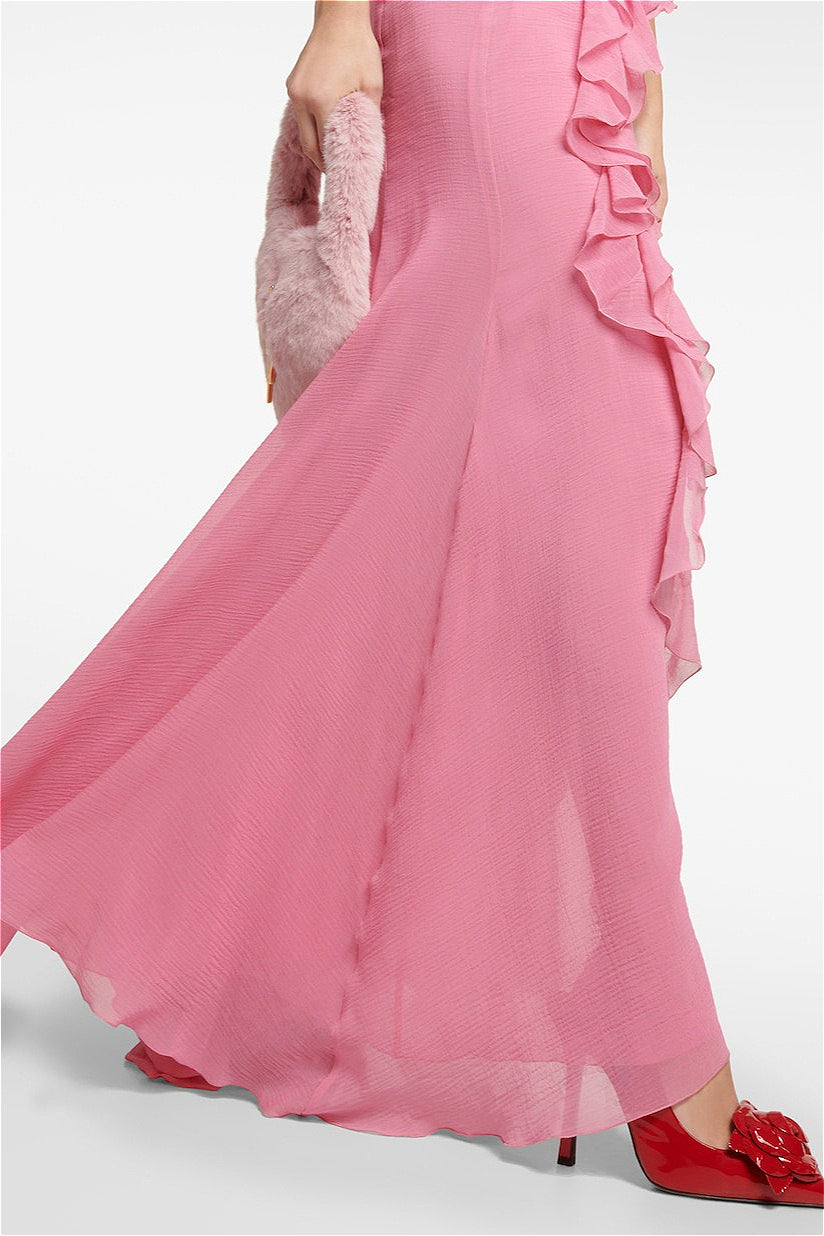 Deep-V Halter Ruffle Maxi Dress