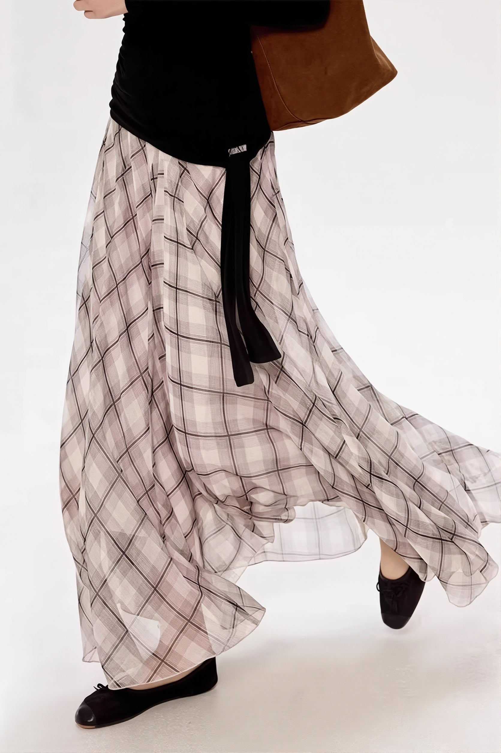 Draped Plaid Slim Maxi Skirt
