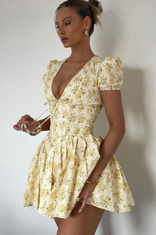 Floral V-Neck Ruched Mini Dress