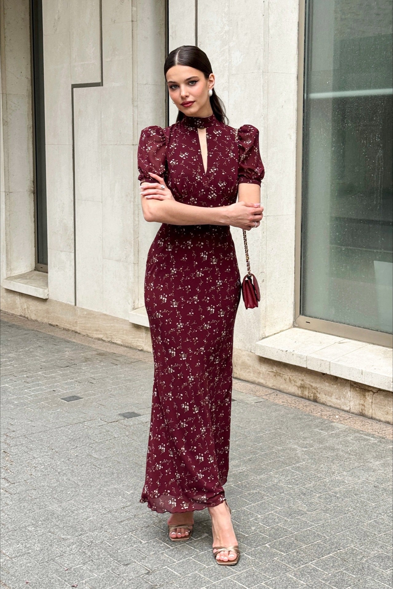 Floral Deep-V Bodycon Maxi Dress