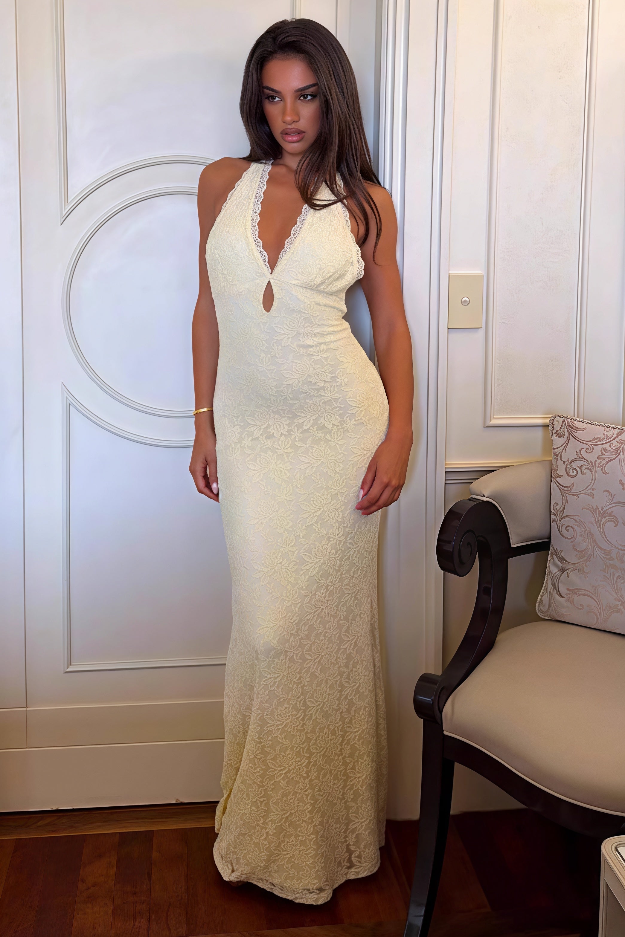 Lace Halter Tie-Back Bodycon Maxi Dress