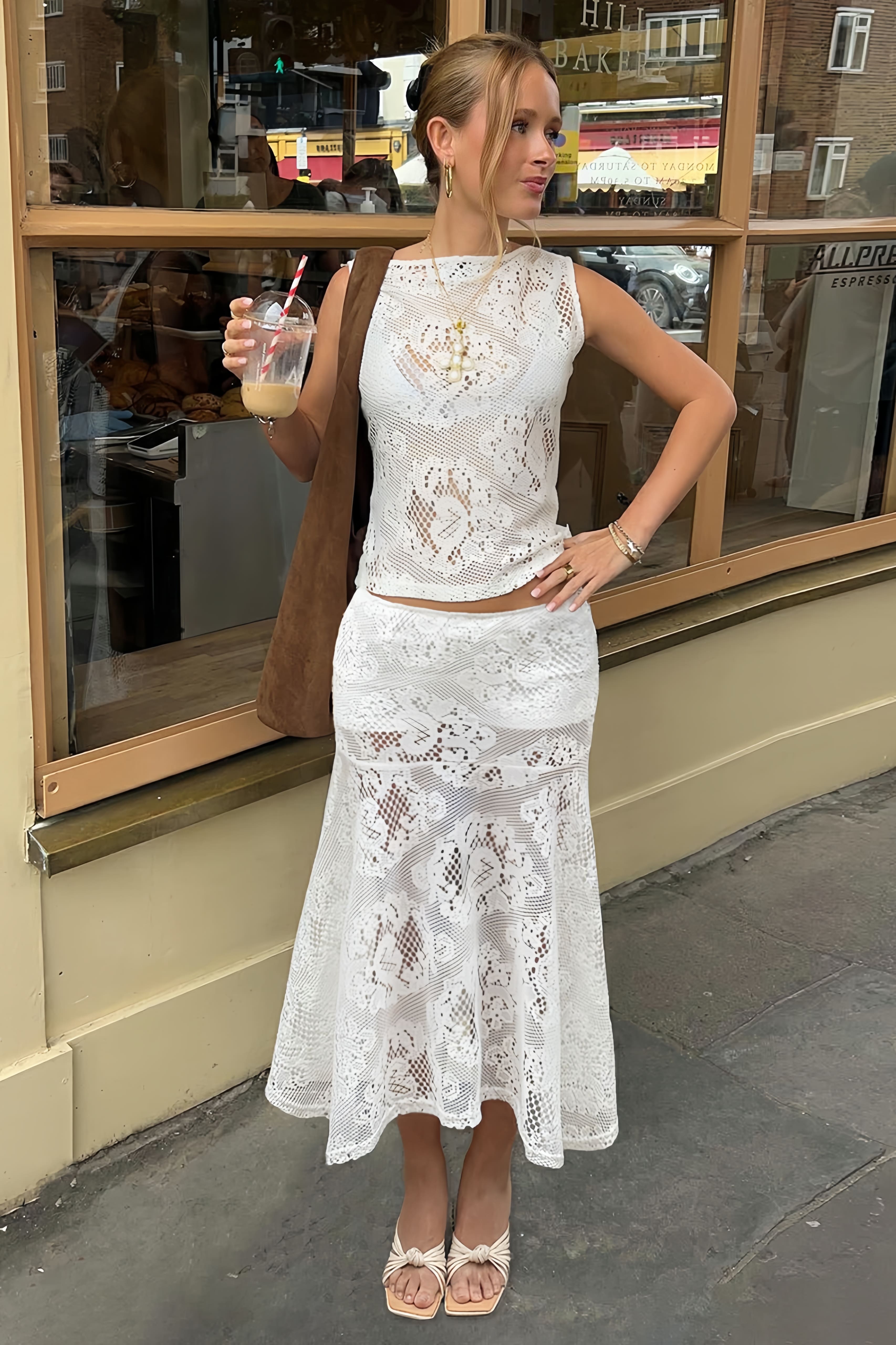 Lace-Splice Cutout A-Line Skirt