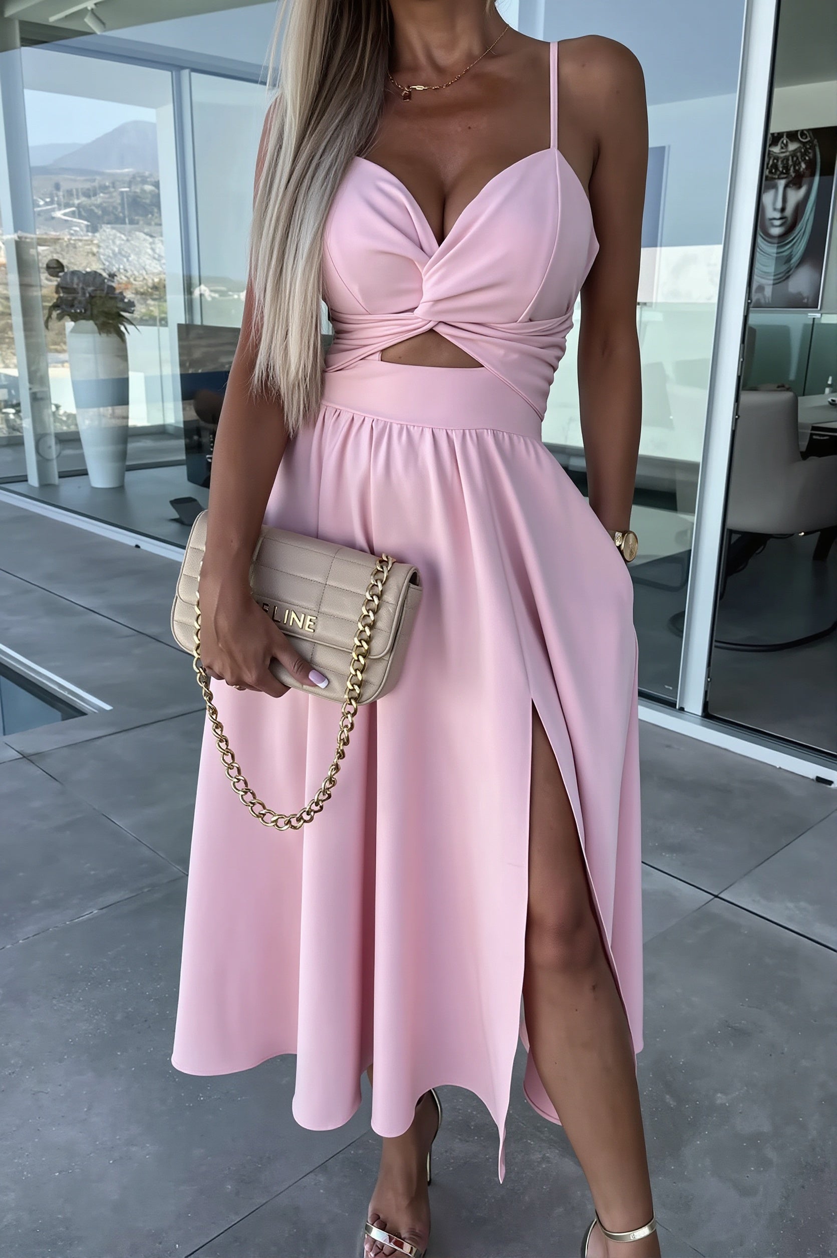 Deep-V Cutout Cami Swing Maxi Dress
