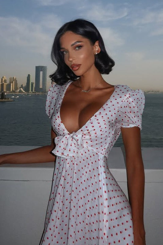 Polka Dot Deep-V Puff-Sleeve Mini Dress