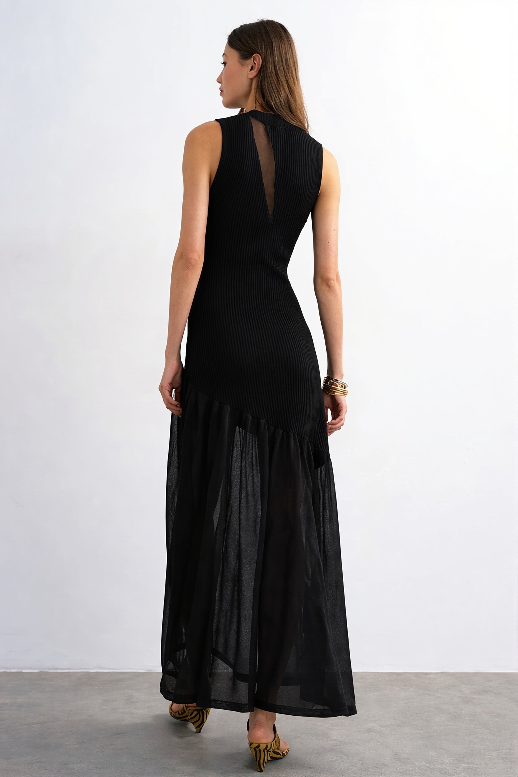 Ribbed-Knit Mesh-Splice Maxi Dress