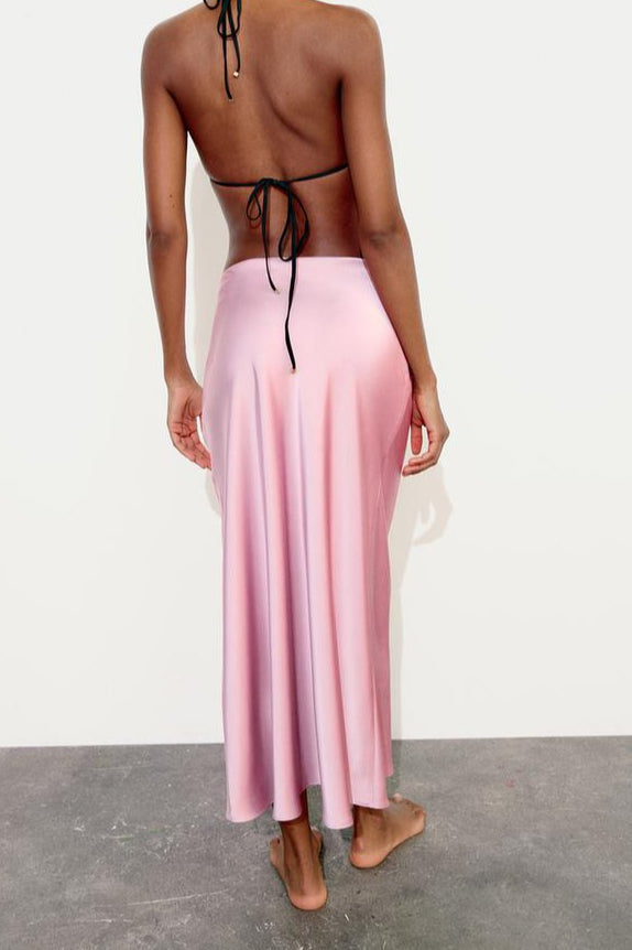 Satin High-Waist Straight Midi Skirt