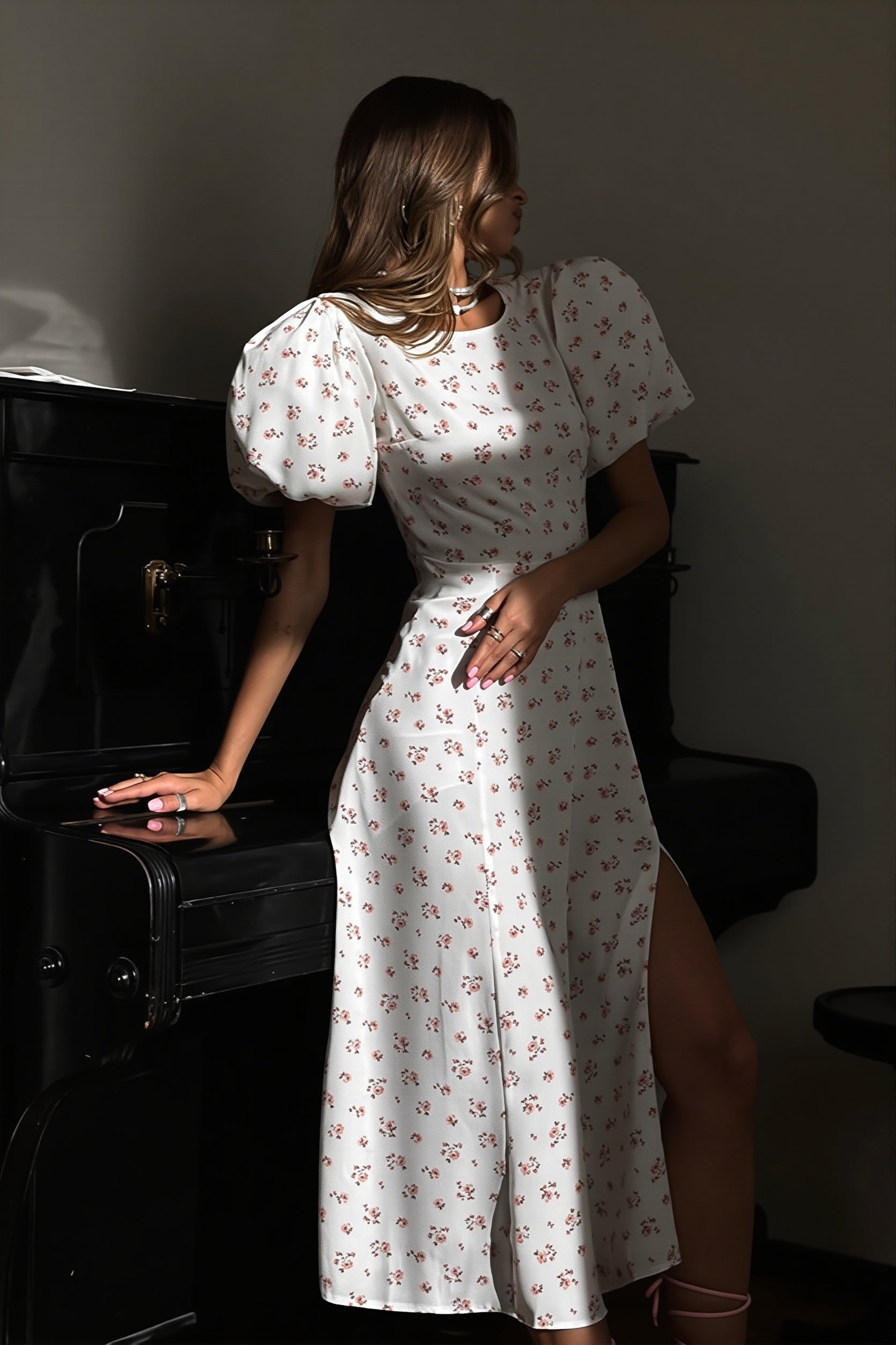 Floral Puff-Sleeve Split Maxi Dress
