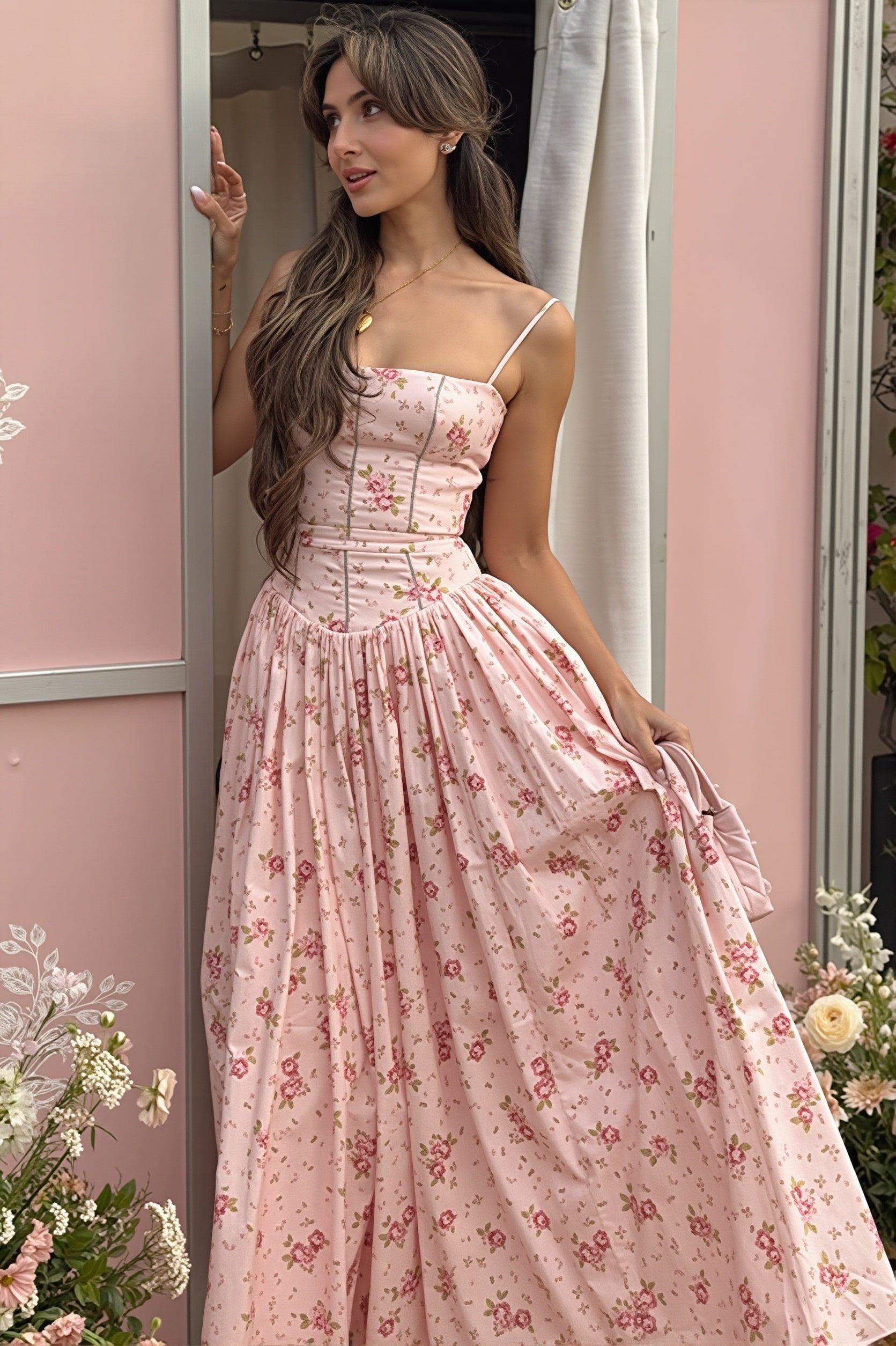 Vintage-Floral Cami Slim Maxi Dress
