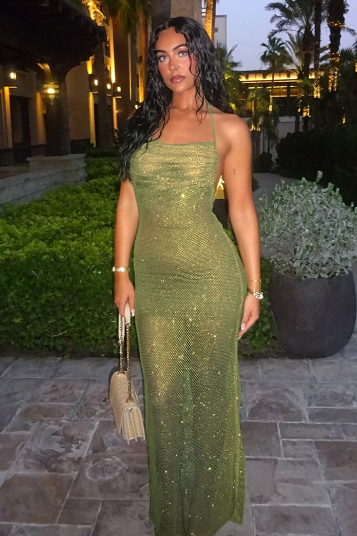 Halter Ruched Cutout-Back Bodycon Maxi Dress