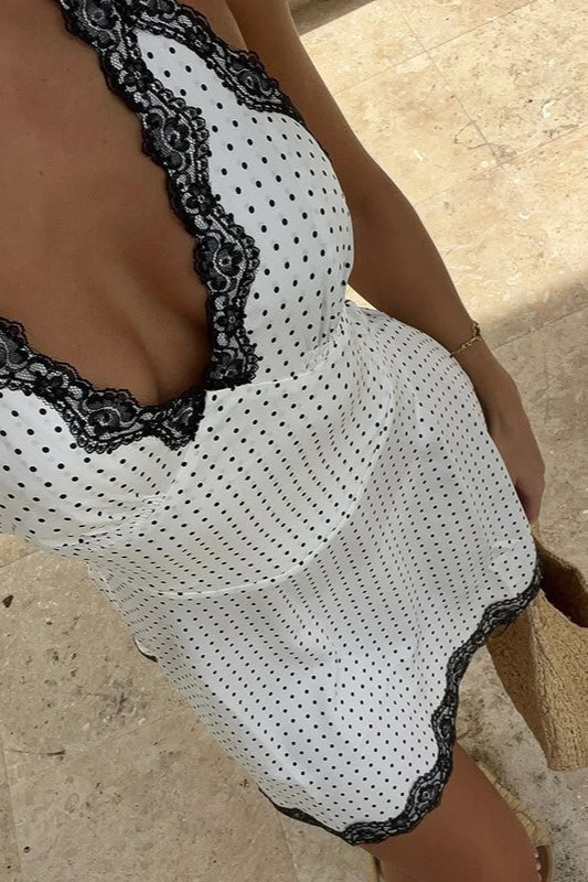Polka Dot Lace-Trim V-Neck Mini Dress