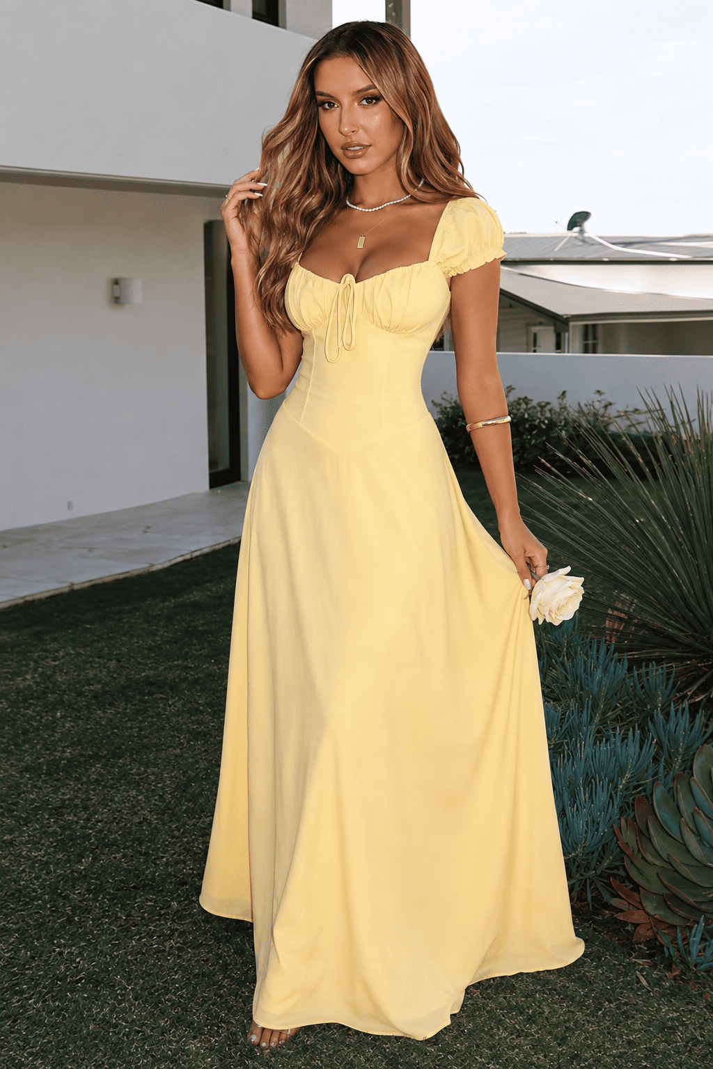 Ruched-Waist Slim Vacation Maxi Dress