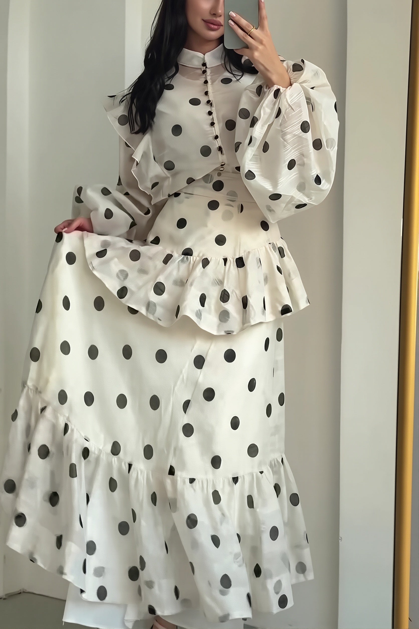 Sheer Polka Dot Long-Sleeve Maxi Dress