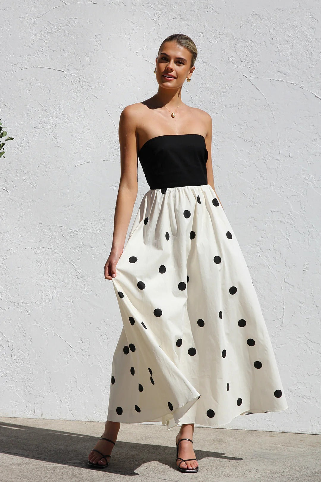Polka Dot Strapless A-Line Maxi Dress