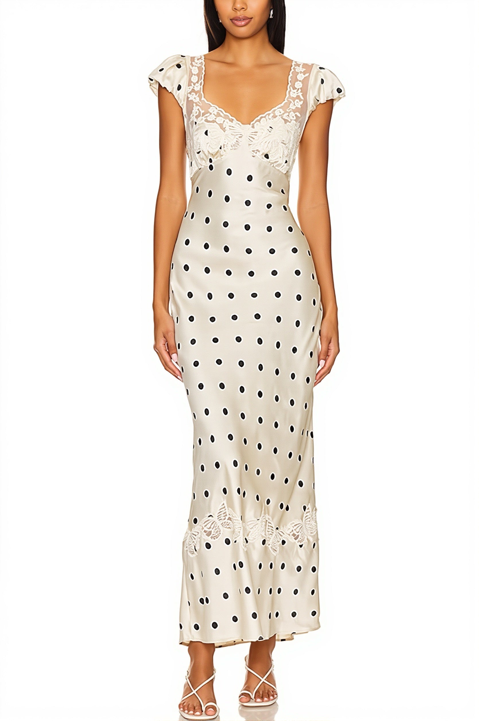 Polka Dot Lace-Splice Satin Maxi Dress