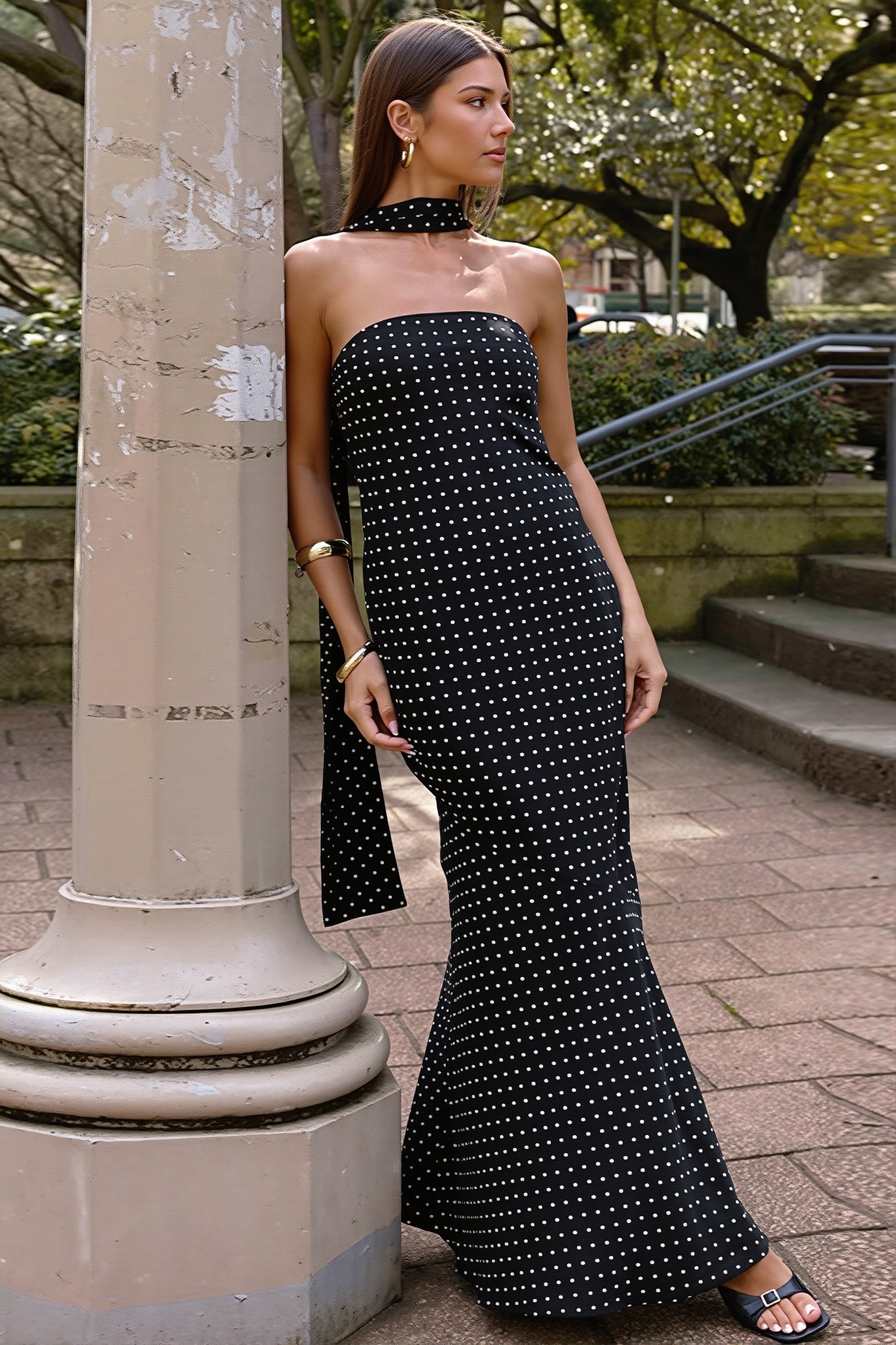 Polka Dot Strapless Tie-Waist Maxi Dress