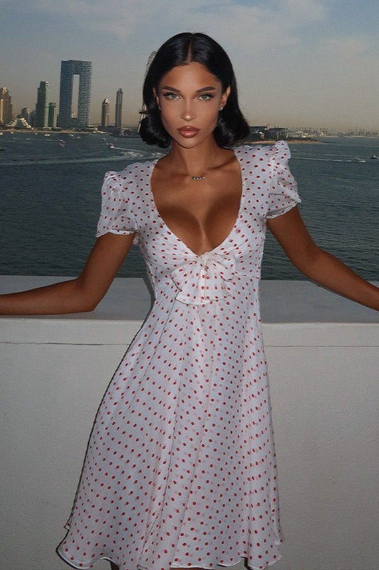 Polka Dot Deep-V Puff-Sleeve Mini Dress